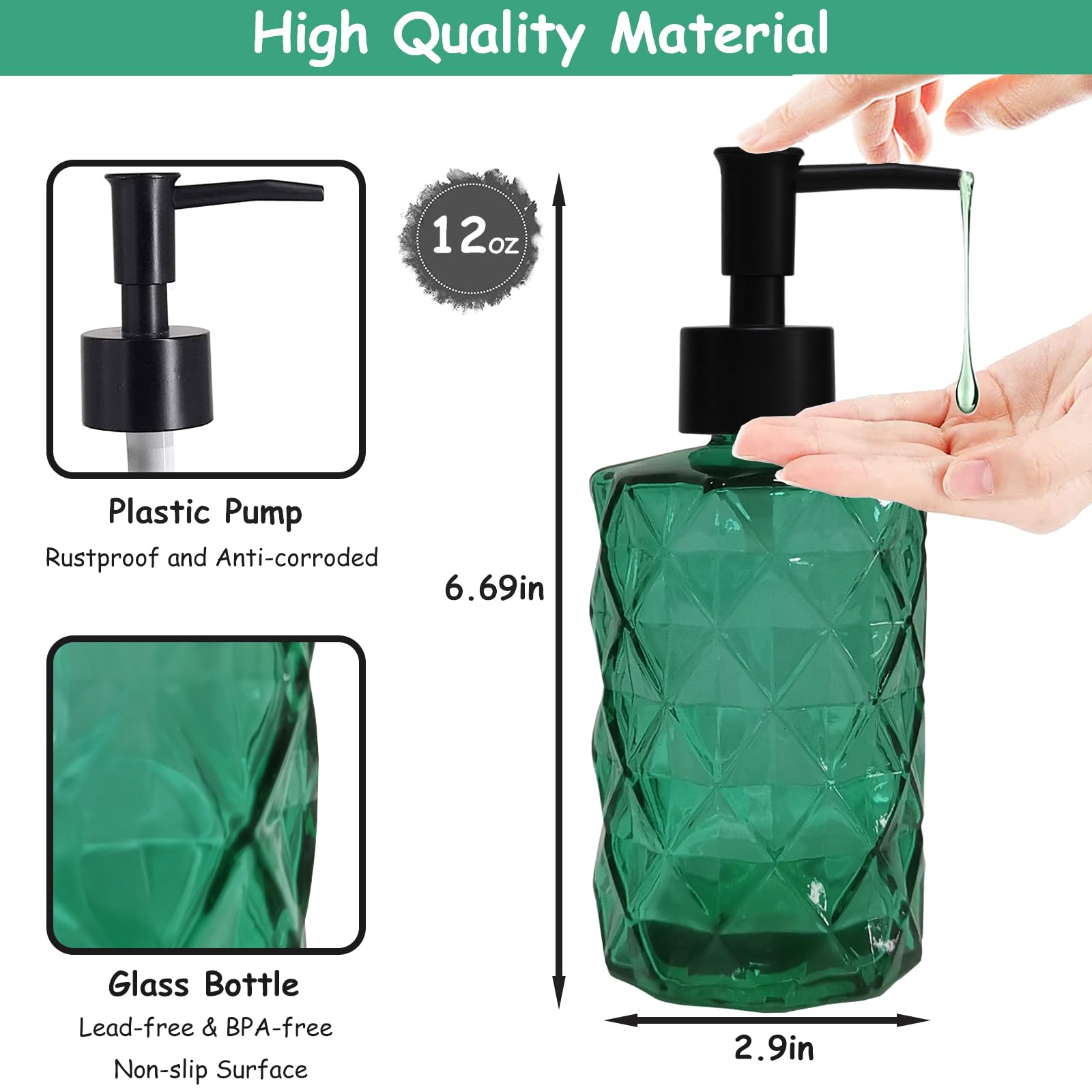 Green Bathroom Soap Dispenser Set With Black Plastic Pump, 12Oz Glass Lotion Dispenser, Crystal Hand Soap Dispenser For Modern H