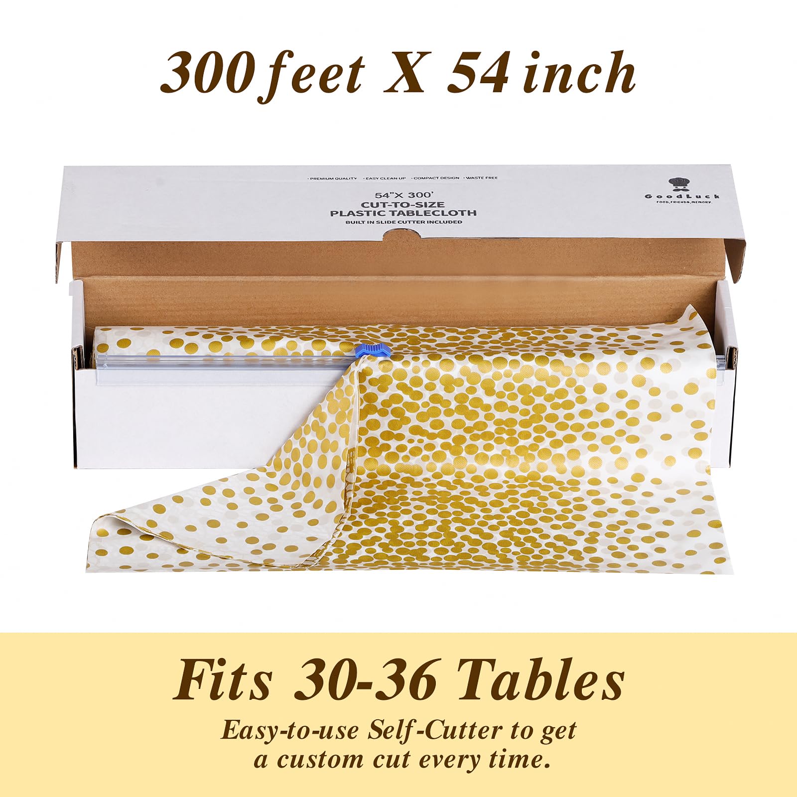 Goodluck 54 Inch X 100 Feet Plastic Table Cloths with Cutter Box, Gold Disposable Table Cover Roll, Plastic Tablecloth for Party