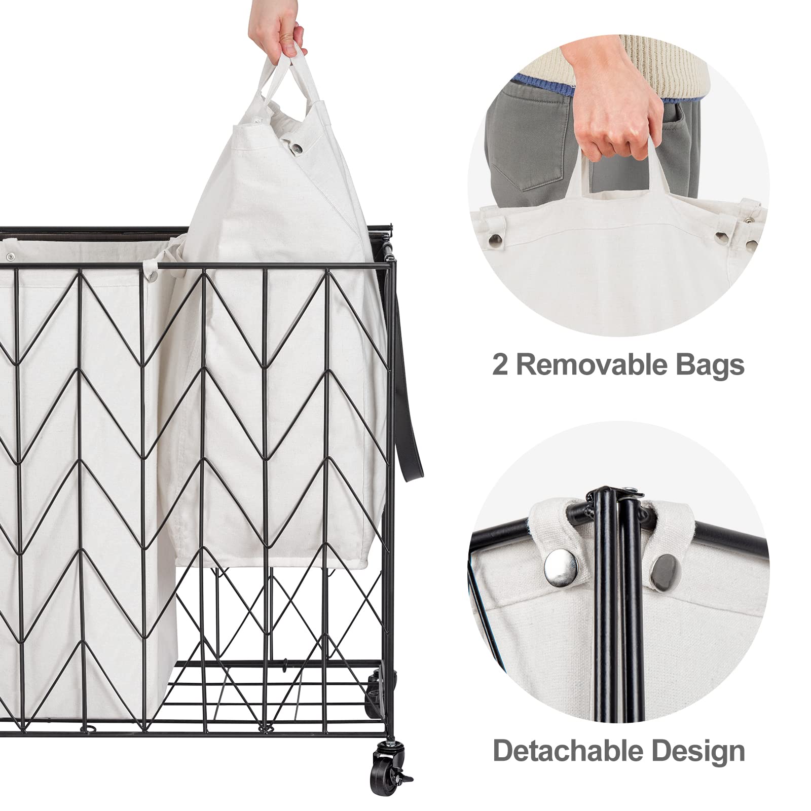 WOWLIVE Laundry Basket with Wheels  Heavy Duty Laundry Hamper with Wood Lid  Clothes Hamper with Divided Removable Liner Bag  Large Capacity Iron-Made Laundry Sorter Laundry Room Organization (Beige)