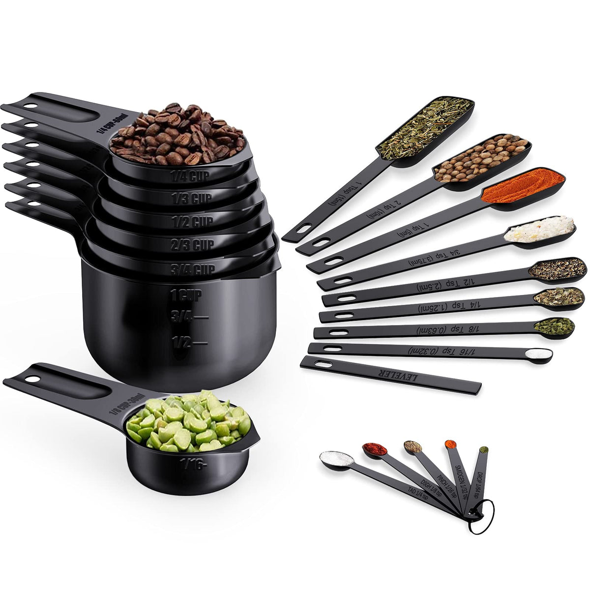 Wildone Black Measuring Cups & Spoons Set Of 21 - Includes 7 Stainless Steel Nesting Measuring Cups, 8 Measuring Spoons, 1 Level