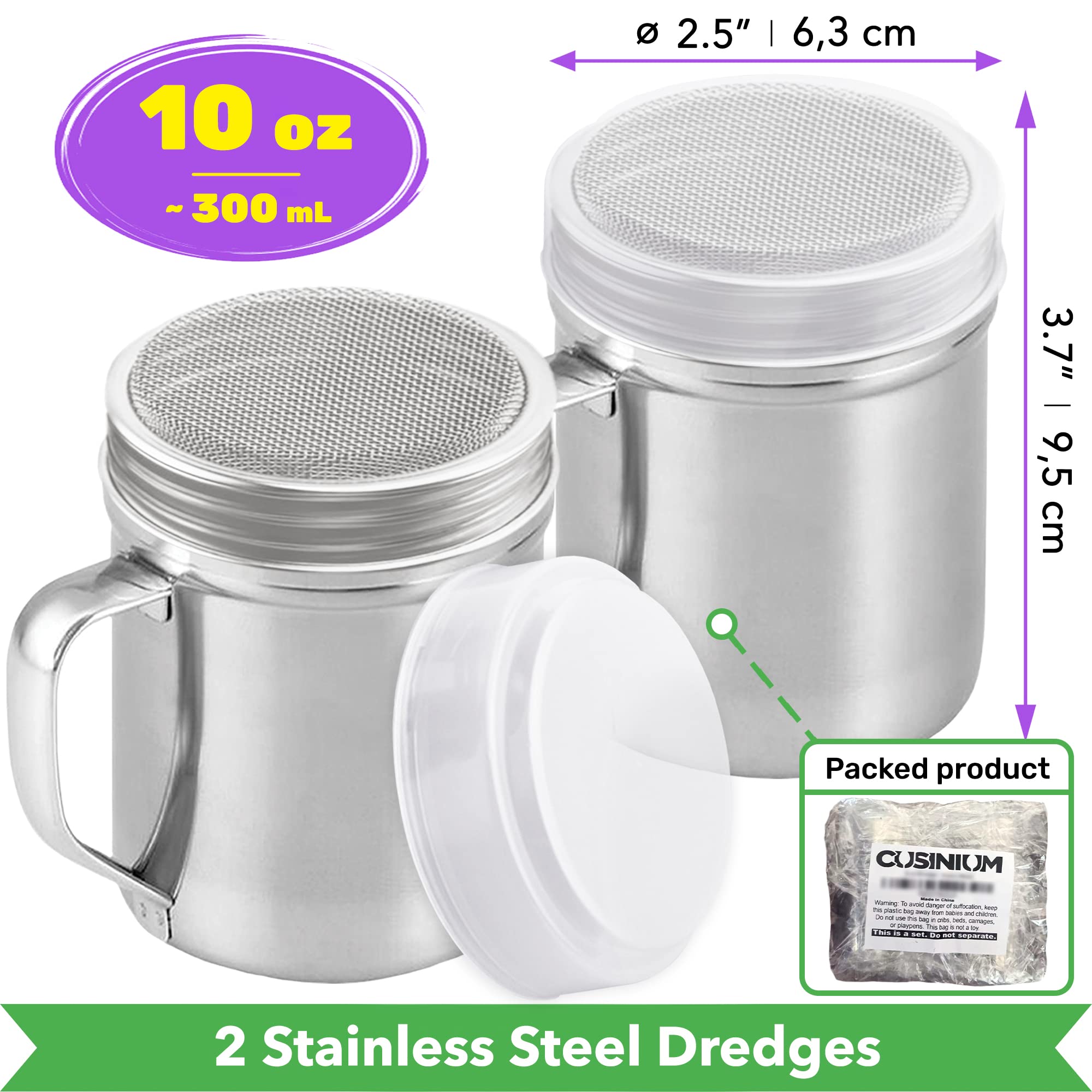 Cusinium Powdered Sugar Shaker Duster - With Handle - Cinnamon Shaker For Coffee Bar - Fine Mesh Dredge - 10 Ounce, Pack Of 2 |