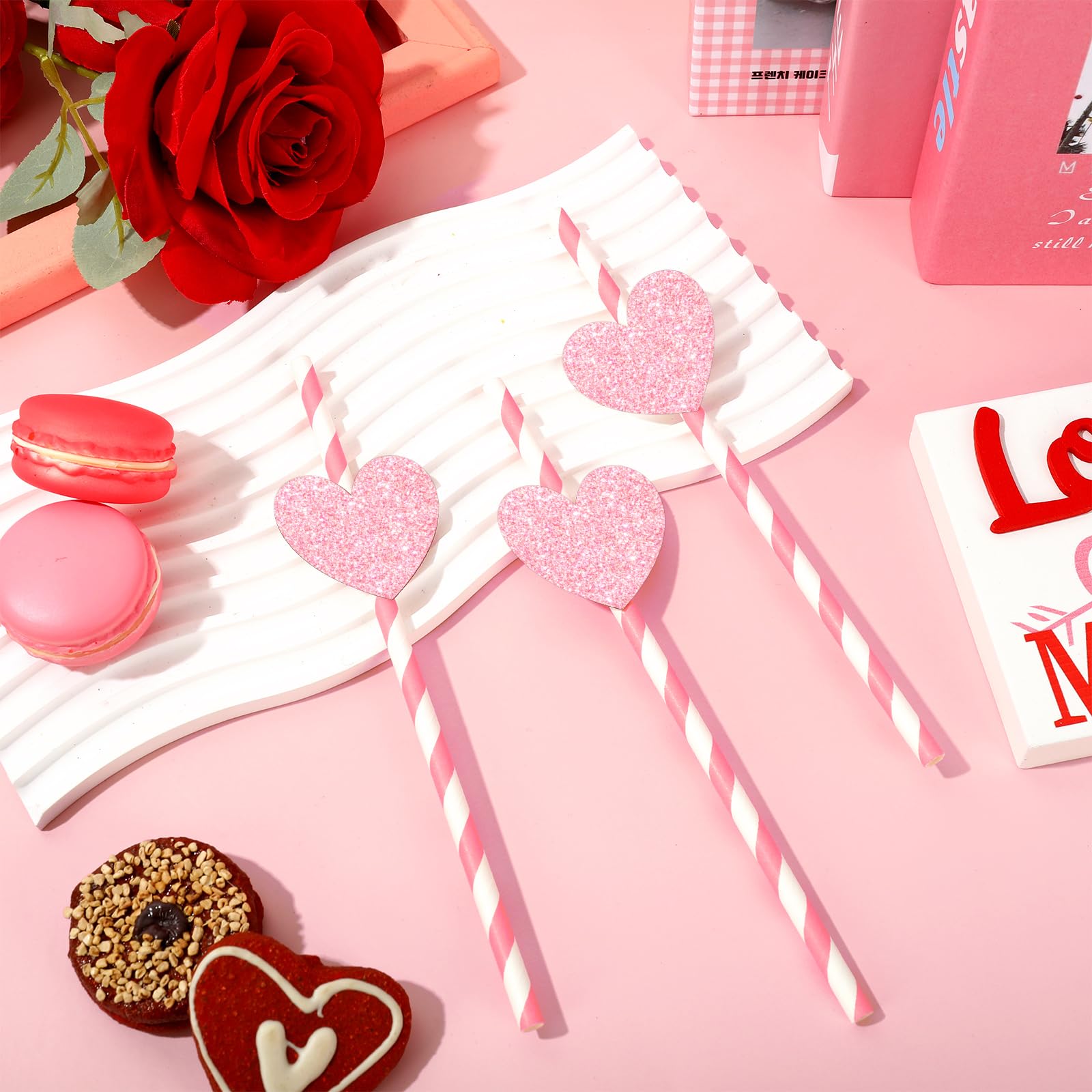 Whaline 60Pcs Valentine'S Day Paper Straws Pink Striped Drinking Straws With 60Pcs Glitter Pink Heart Slices Valentines Party Di
