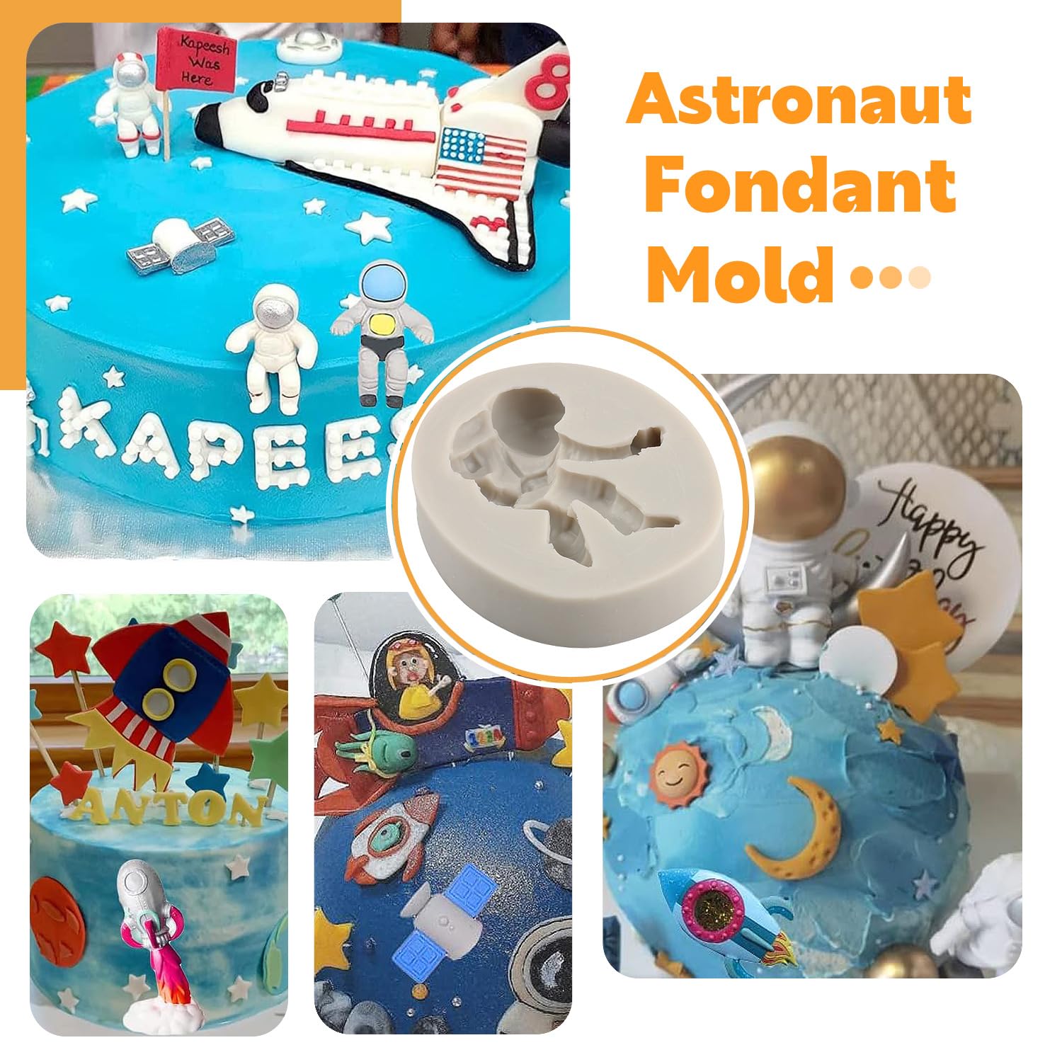 Sijiangmold Space Astronaut Fondant Mold Spaceship Rocket Silicone Molds For Baby Birthday Cake Decorating Chocolate Candy Cupca