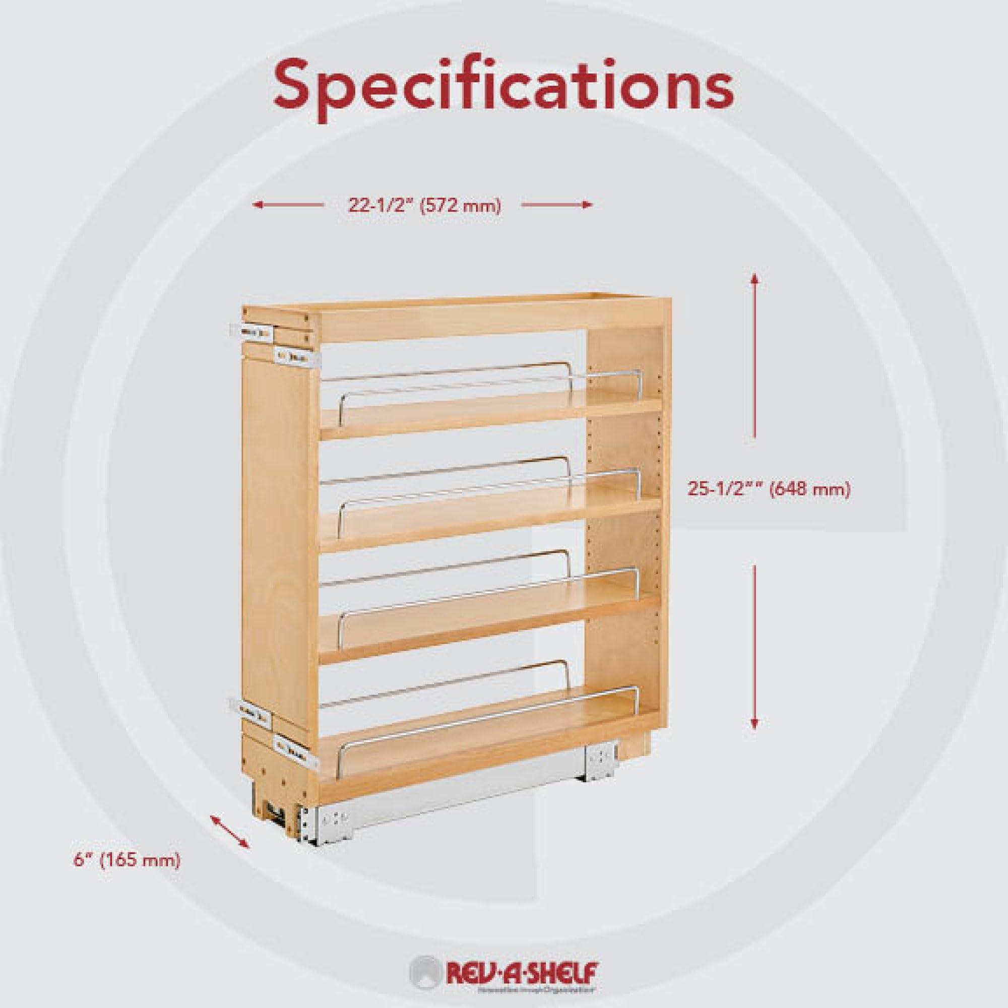 Rev-A-Shelf 6.5'' Pull Out Kitchen Cabinet Storage Organizer Slide Out Pantry Spice Rack With Adjustable Shelves, Natural Maple,