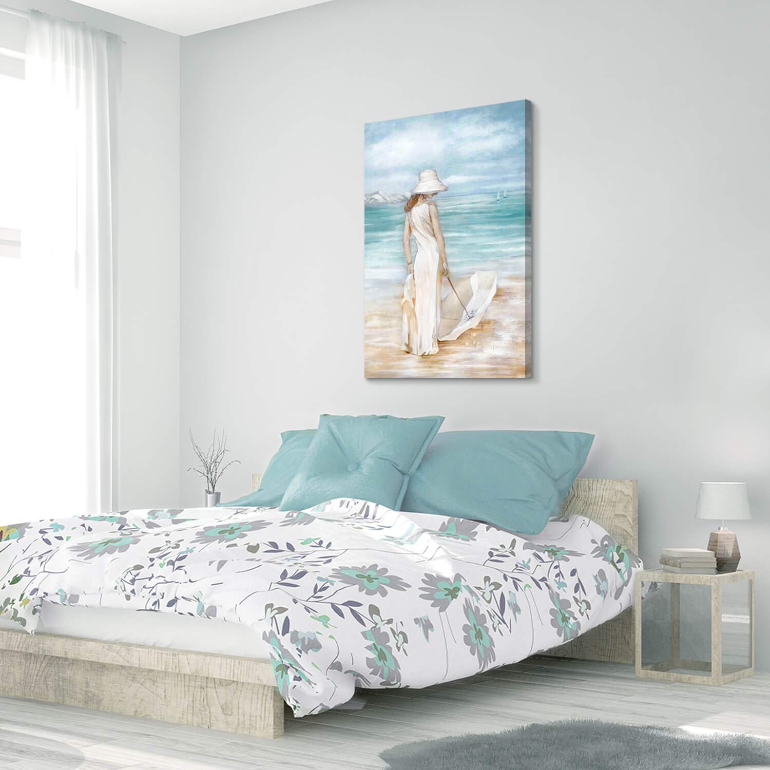 Abstract Beach & Girl Artwork Picture: Blue Seascape Painting Coastal Wall Art On Canvas For Living Room (24    X 36    X 1 Pane