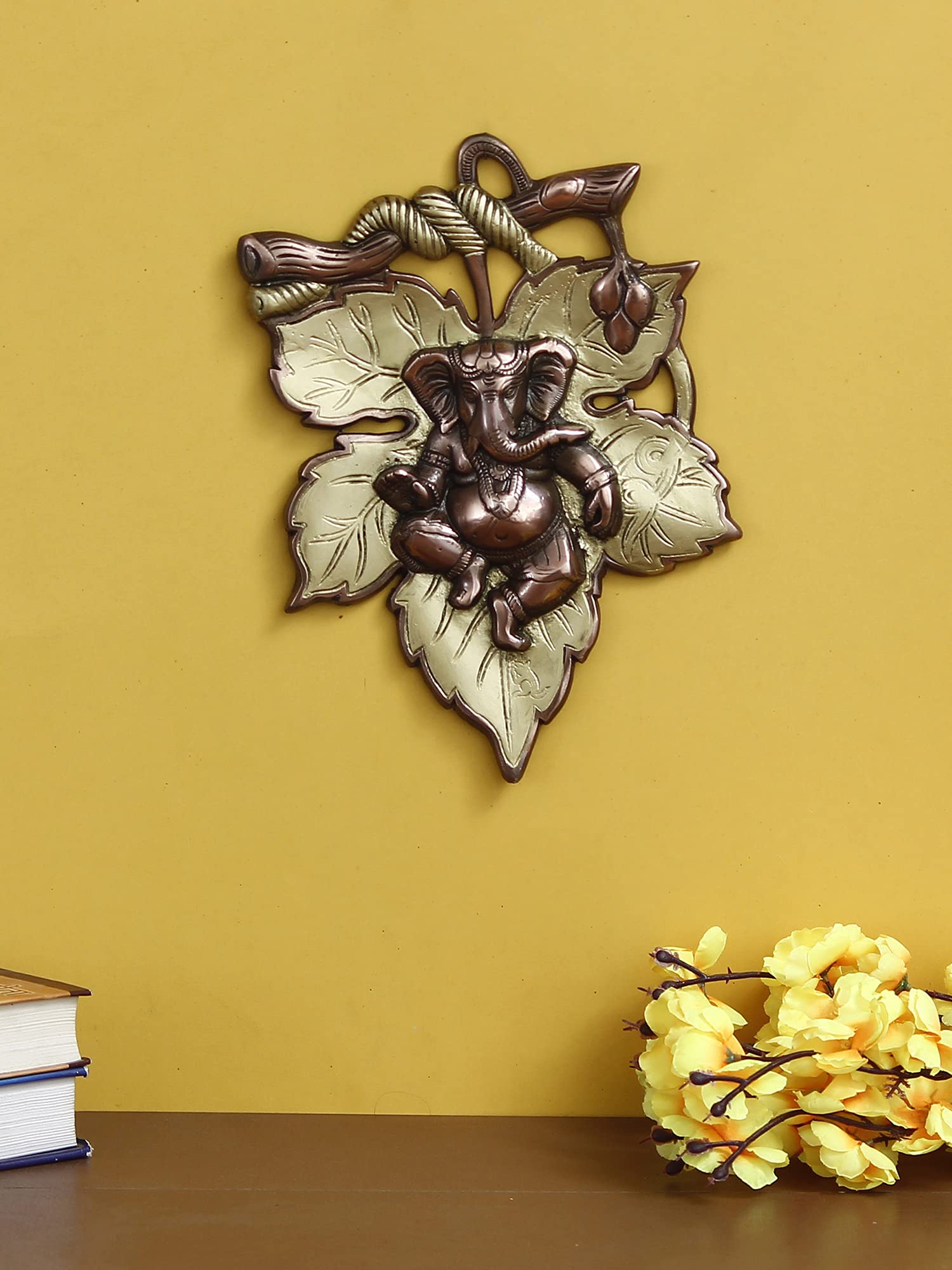Ecraftindia Golden And Copper Finish Lord Ganesha On Creative Leaf Metal Wall Hanging - Decorative Hindu God Idol For Home, Livi