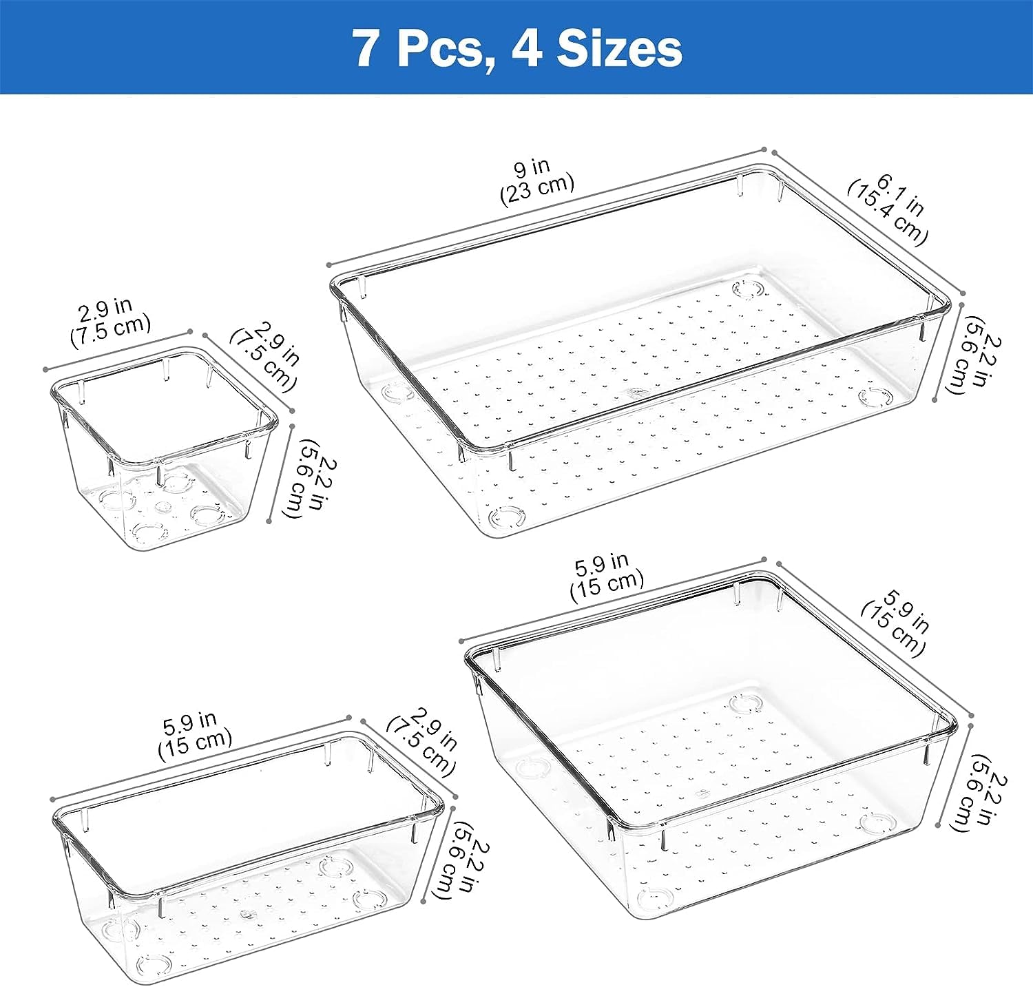 Zollyss 7 Pcs Desk Drawer Organizers Trays Set Clear Plastic Storage Bins Bathroom Drawer Tray Dividers Vanity Trays Organizer f