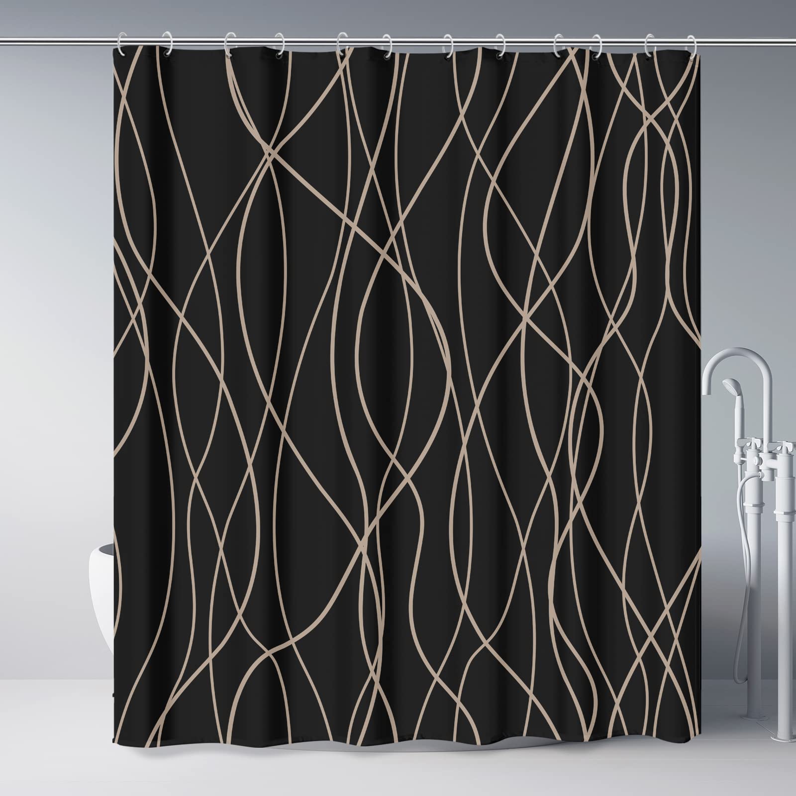 Punkray Black And Brown Striped Wavy Line Fabric Shower Curtain For Bathroom With 12 Hooks, Shower Curtains For Bathroom 72 Inch