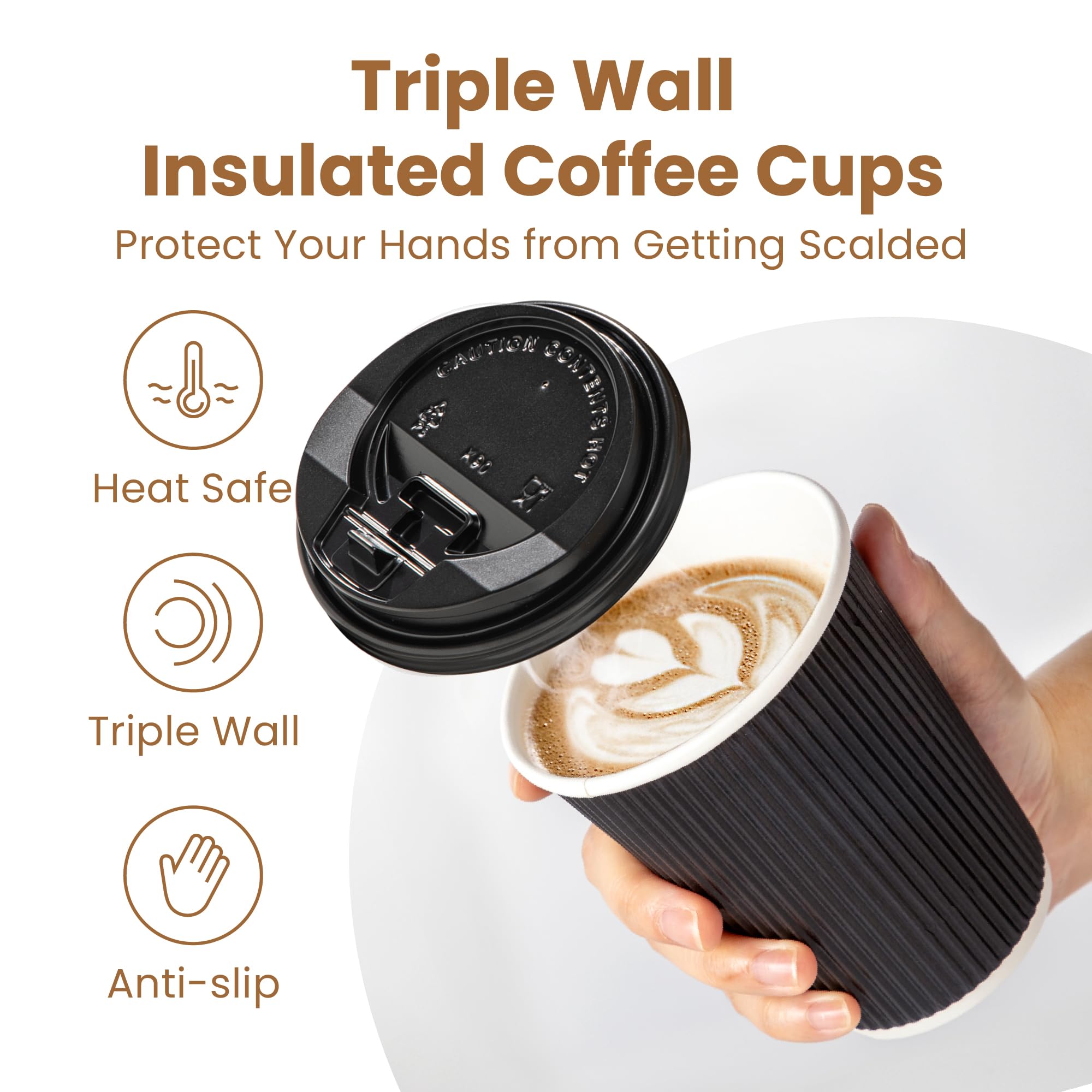 Fit Meal Prep 50 Pack 12 Oz Black Disposable Coffee Cups With Lids & Stirrers, Corrugated Triple Wall To Go Hot Cups, Insulated