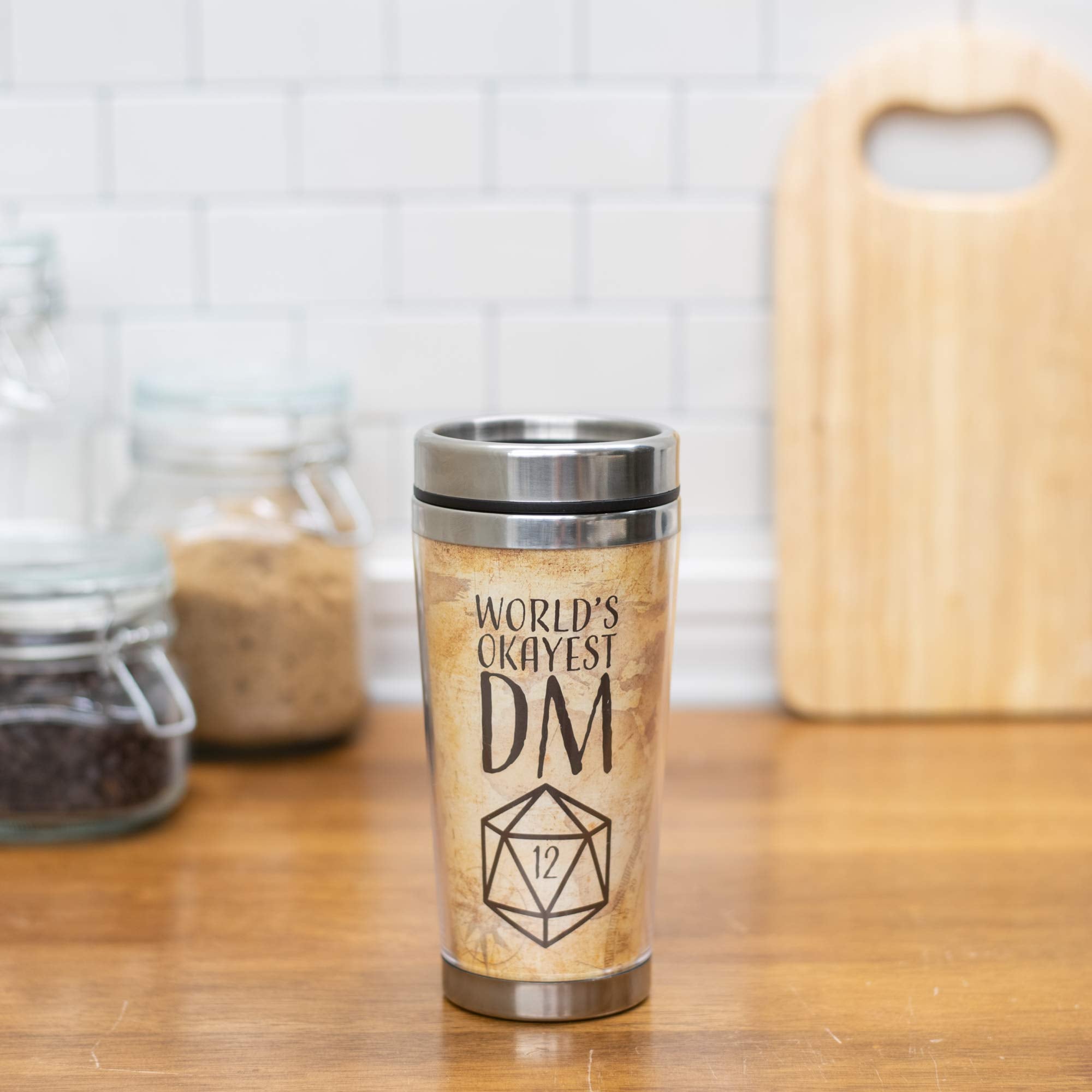 World'S Okayest Dm Grey 16 Ounce Stainless Steel Travel Tumbler Mug With Lid