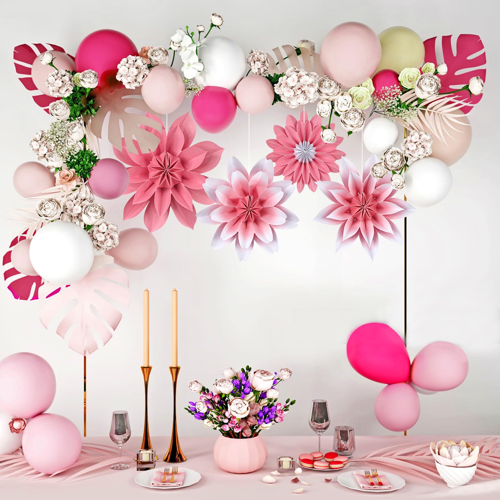 Adlkgg Paper Flower Fan Party Decorations, Pink Paper Fan Flower Wall Background For Classroom Decor, Tea Party, Spring Summer P
