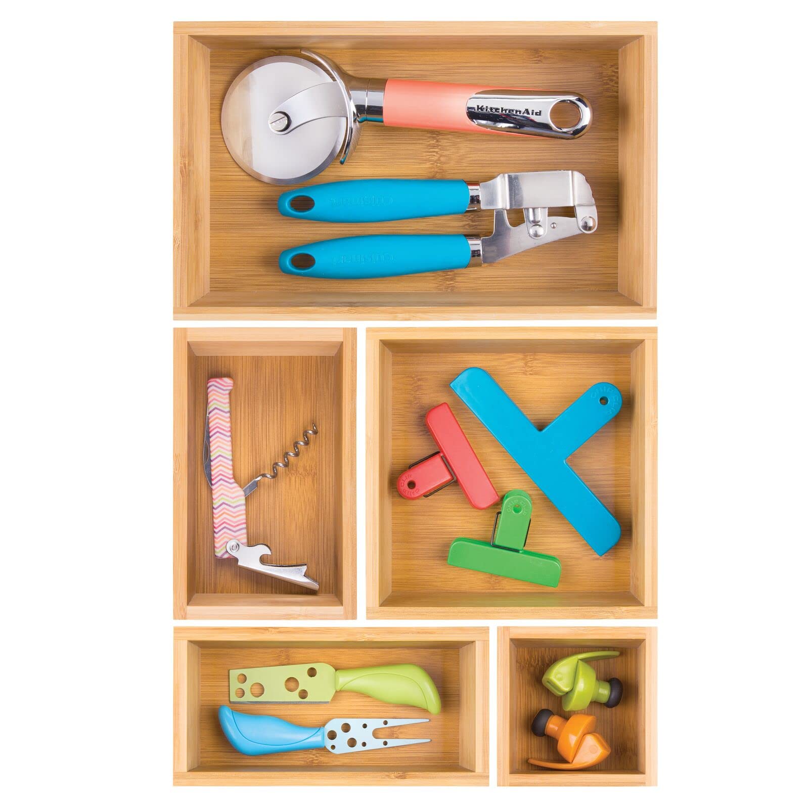 mDesign Bamboo Wood Kitchen Cabinet Drawer Organizer Tray Bins - Multipurpose - Use in Drawers  on Countertops  Shelves or in Pantry - Varied Sizes - Echo Collection - Set of 5 - Natural
