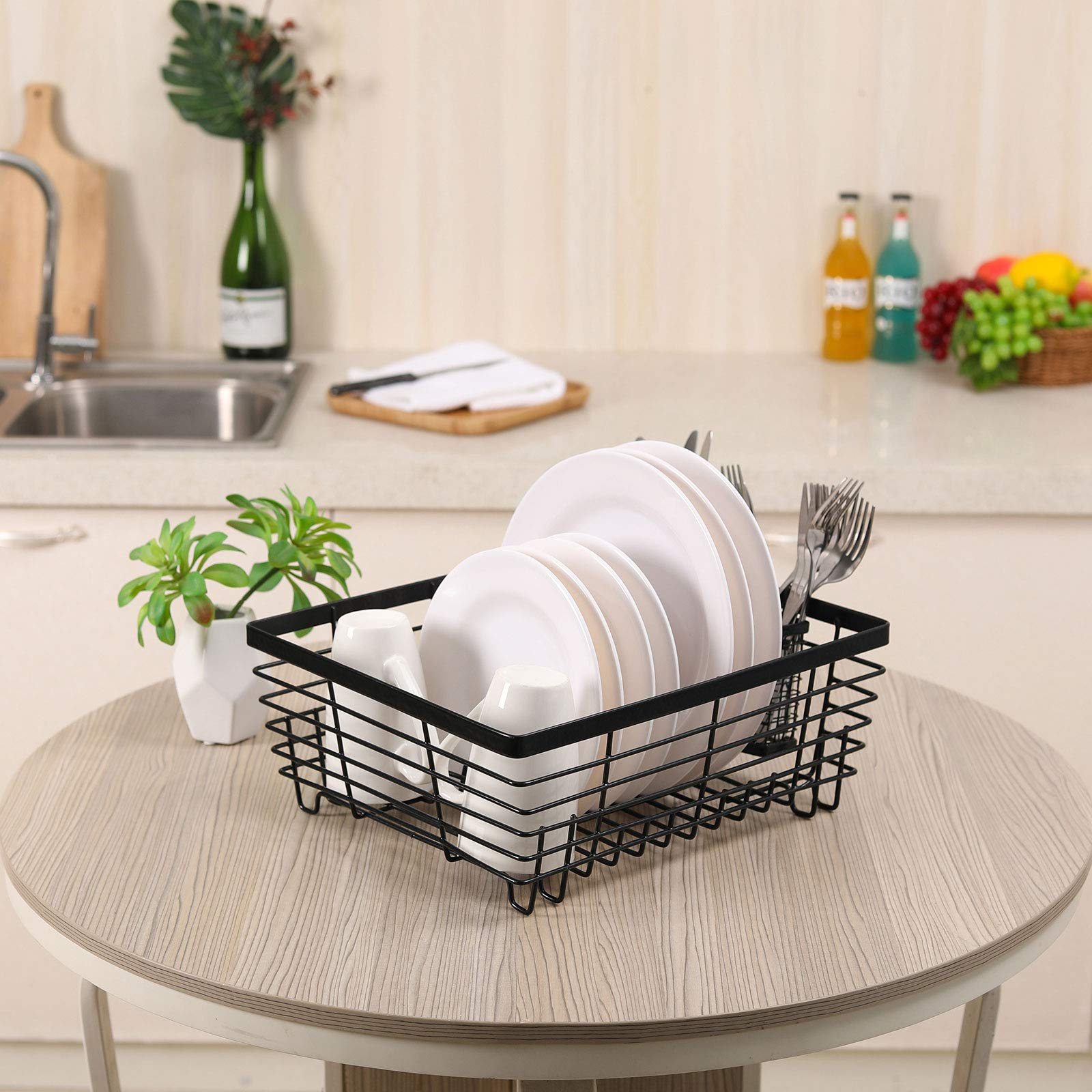 Tqvai Kitchen Dish Drying Rack Metal Dish Drainer With Full-Mesh Silverware Utensils Basket Holder, Black