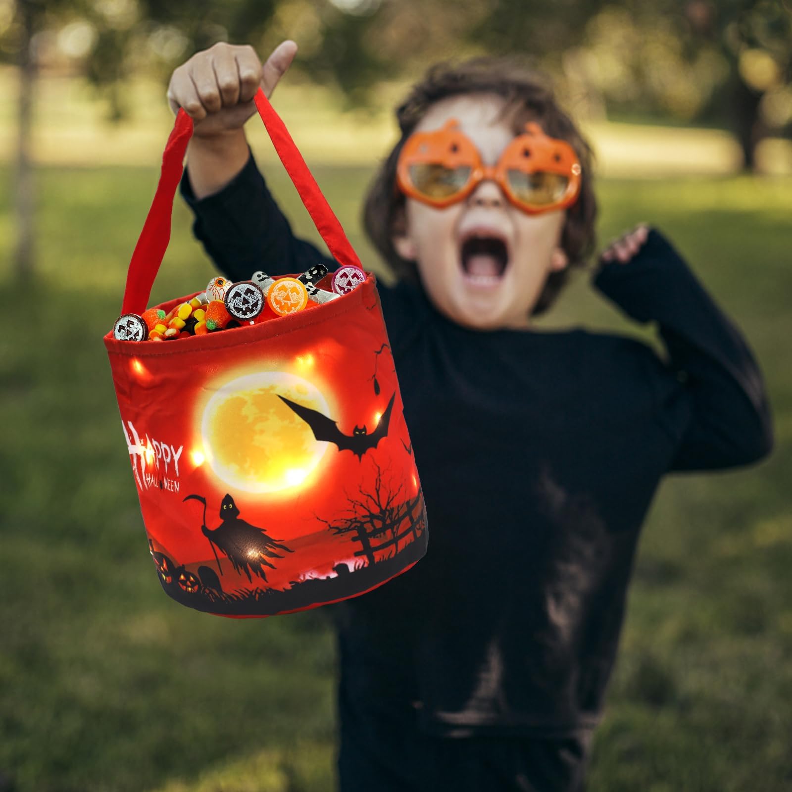 Halloween Trick or Treat Candy Bags LED Light Up Pumpkin Bucket, Collapsible Reusable Candy Basket, Fabric Gift Goody Bags for K