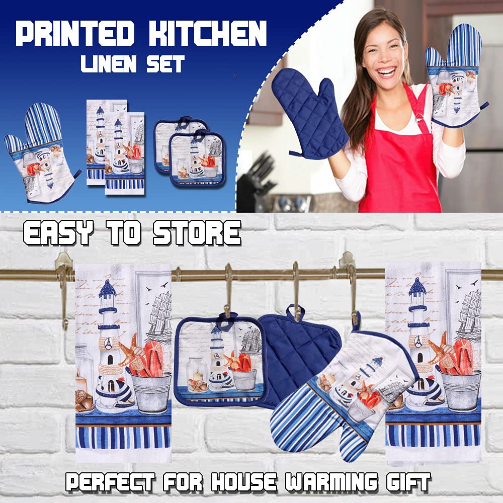 Kitchen Decor Linen Set Includes 2 Dish Towels, 2 Square Pot Holders, 1 Oven Mitt  Tall Lighthouse Printed Kitchen Towels Linen