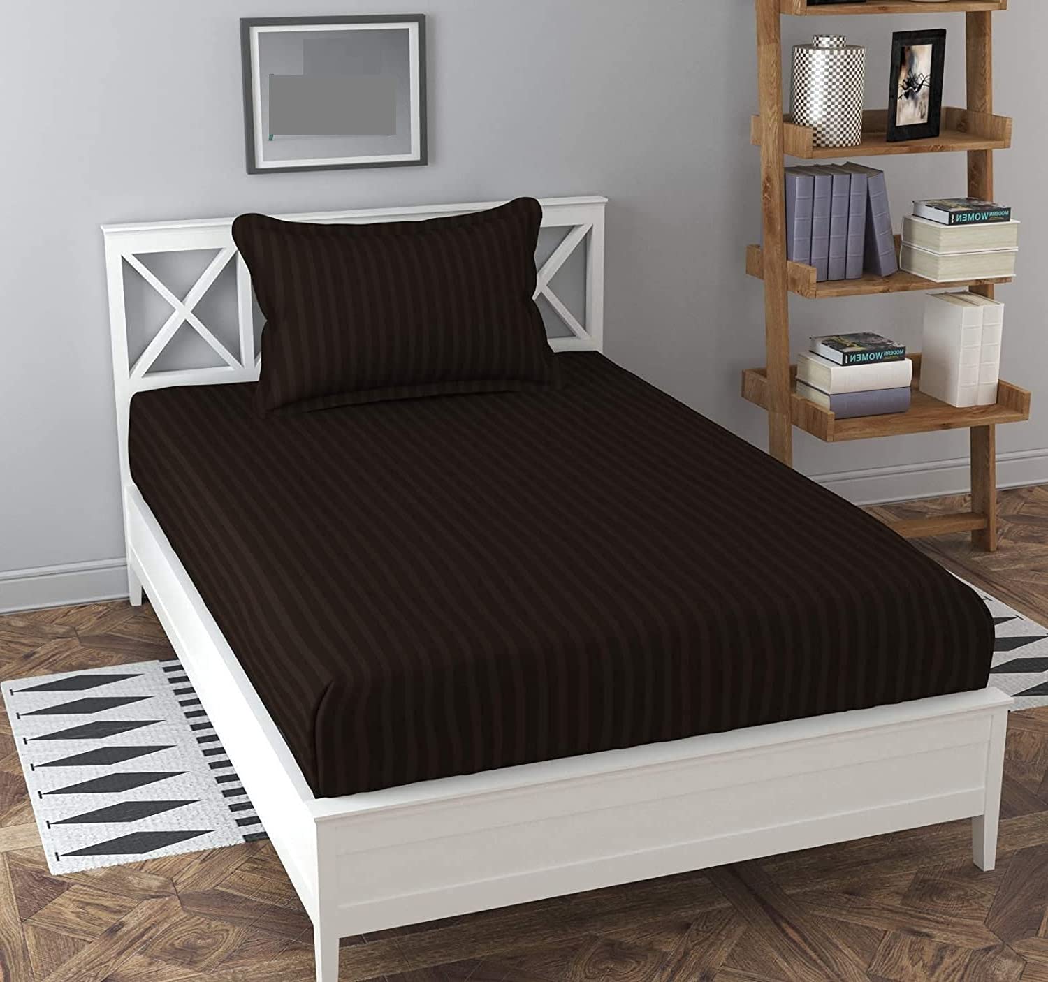 Kawi Single Bedsheet Elastic Fitted Cotton 200 Tc With 1 Pillow Cover (72X48Xup To 8 Inches Mattress Size)-Brown 1