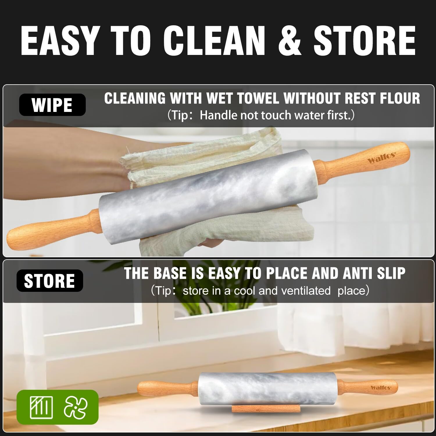 Walfos Marble Rolling Pin With Wooden Handles & Wood Cradle, 16.5 Inch Marble Rolling Pins For Making Pizza Dough And Tortillas,