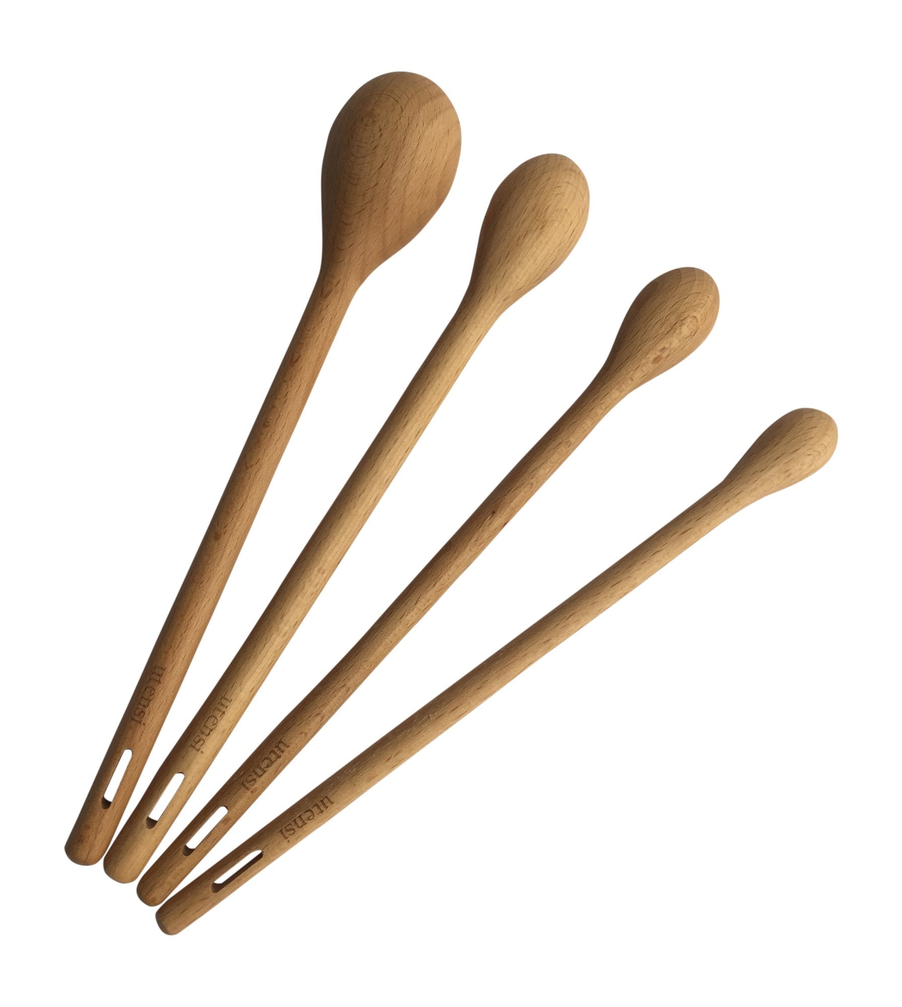 Long Handle Wooden Measuring Spoons By Utensi, Set Of 4 Engraved Accurate Spoons For Dry And Liquid Ingredients, Beech Wood Set