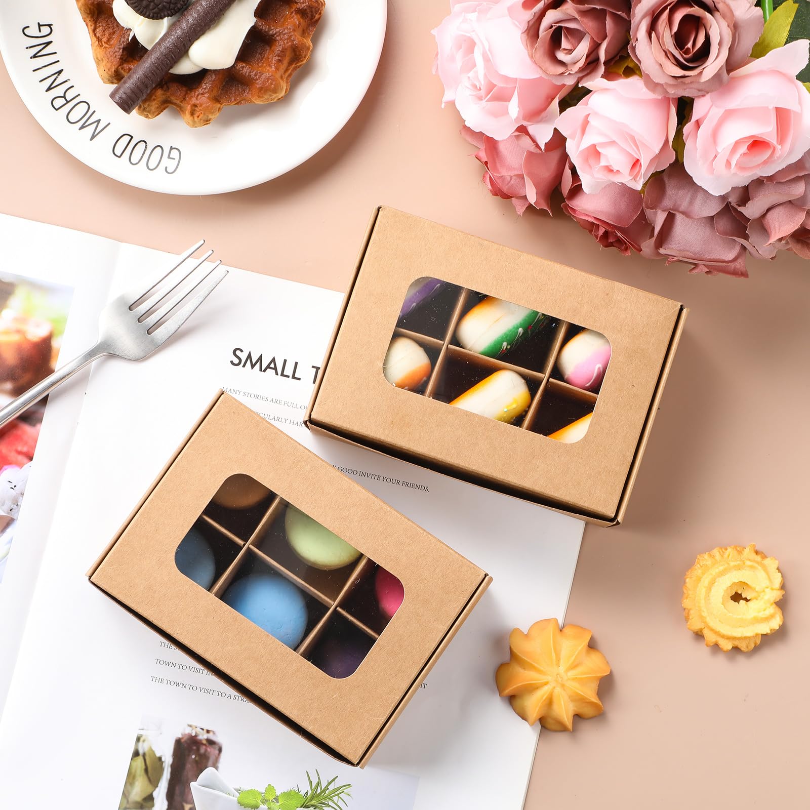 Chivertion 50 Pcs Treat Boxes with Window and Dividers 5 x 3.54 x 1.57 Inches 6 Compartments Empty Candy Truffle Boxes Kraft Cup