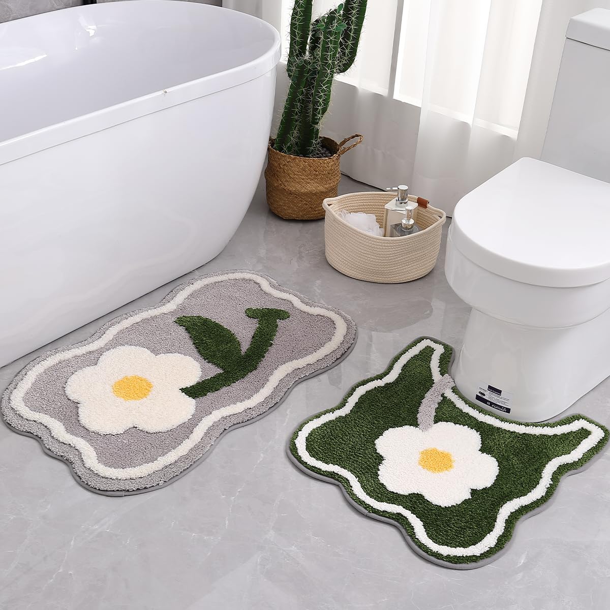 Ptaexcel Toilet Rug U-Shaped, Floral Green Non-Slip Bath Mat, Soft Plush Contour Bathroom Rug, Absorbent Microfiber Toilet Bath