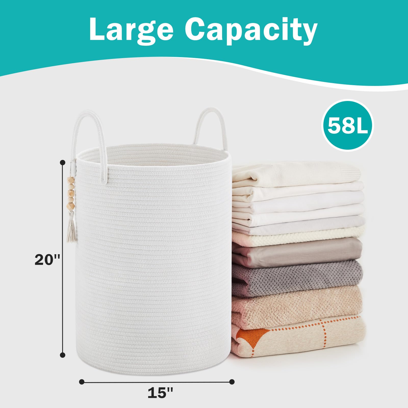 Youdenova Cotton Rope Laundry Hamper Basket, 58L Tall Woven Collapsible Baskets For Blanket Organizing Clothes Hamper For Laundr