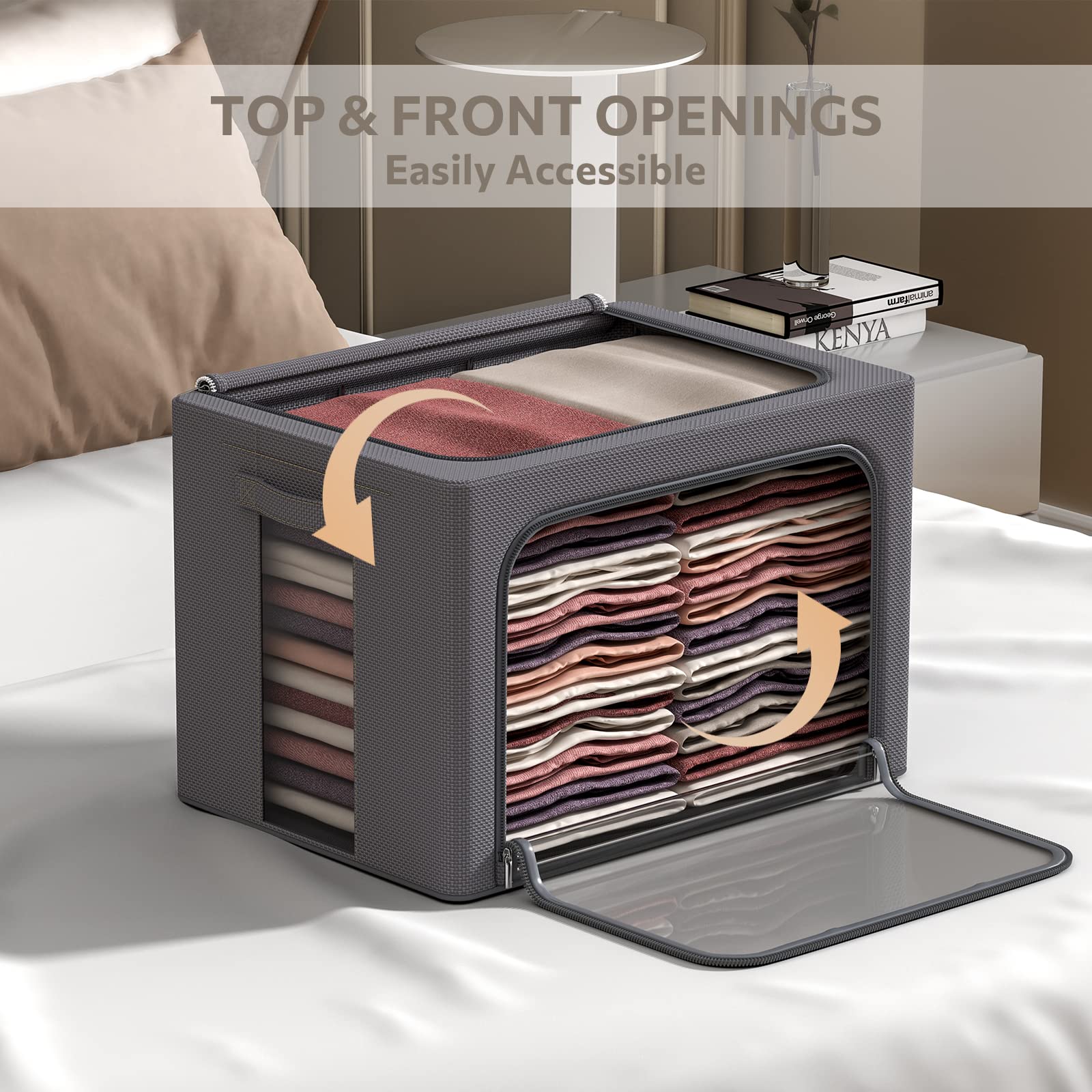 3Pack Stackable Clothes Storage Bins - Oxford Frame Storage Box Foldable Clothing Storage Container Organizer Set with Clear Win