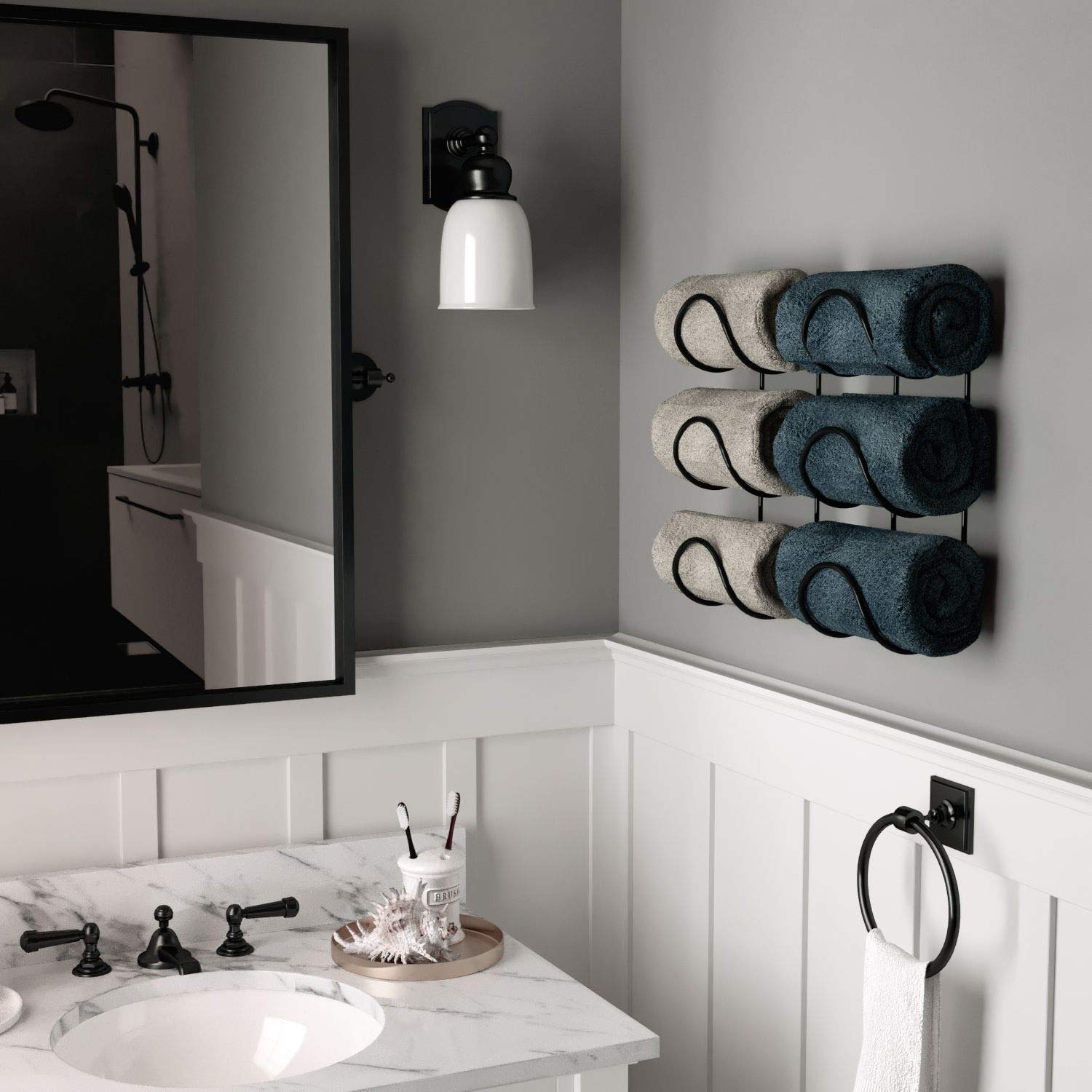 Wallniture Wrought Iron Metal Towel Rack - Solid Quality Wall Mountable For Bathroom Storage - Large Enough To Fit Rolled Bath B
