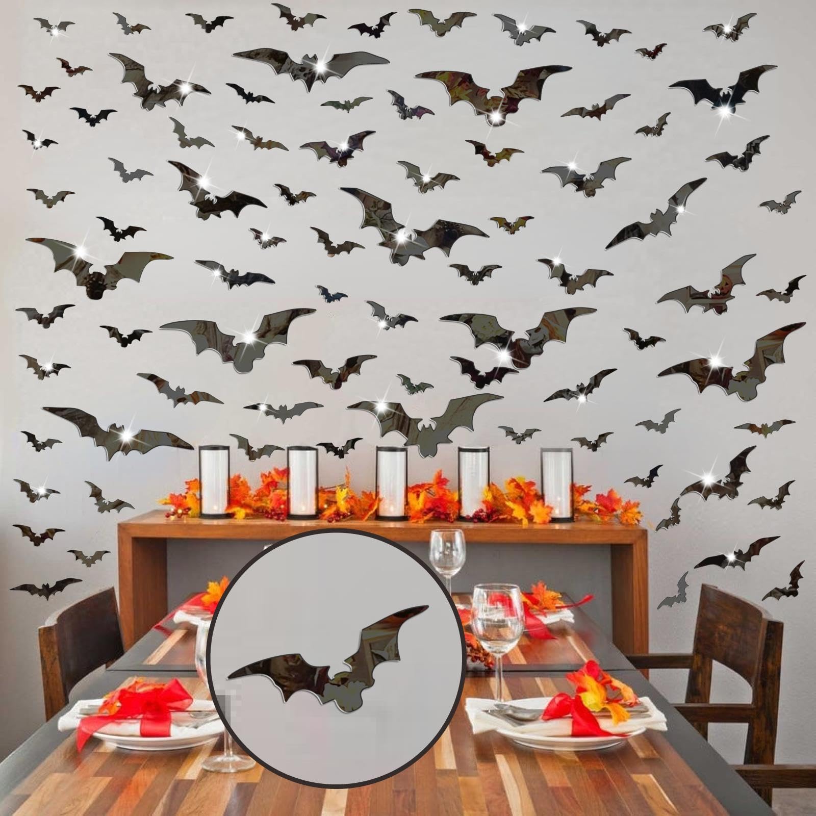 Halloween Bat Acrylic Wall Stickers Bats 3D Wall Decor Removable Halloween Decorations Acrylic Mirror Wall Decals Black Bat Wall