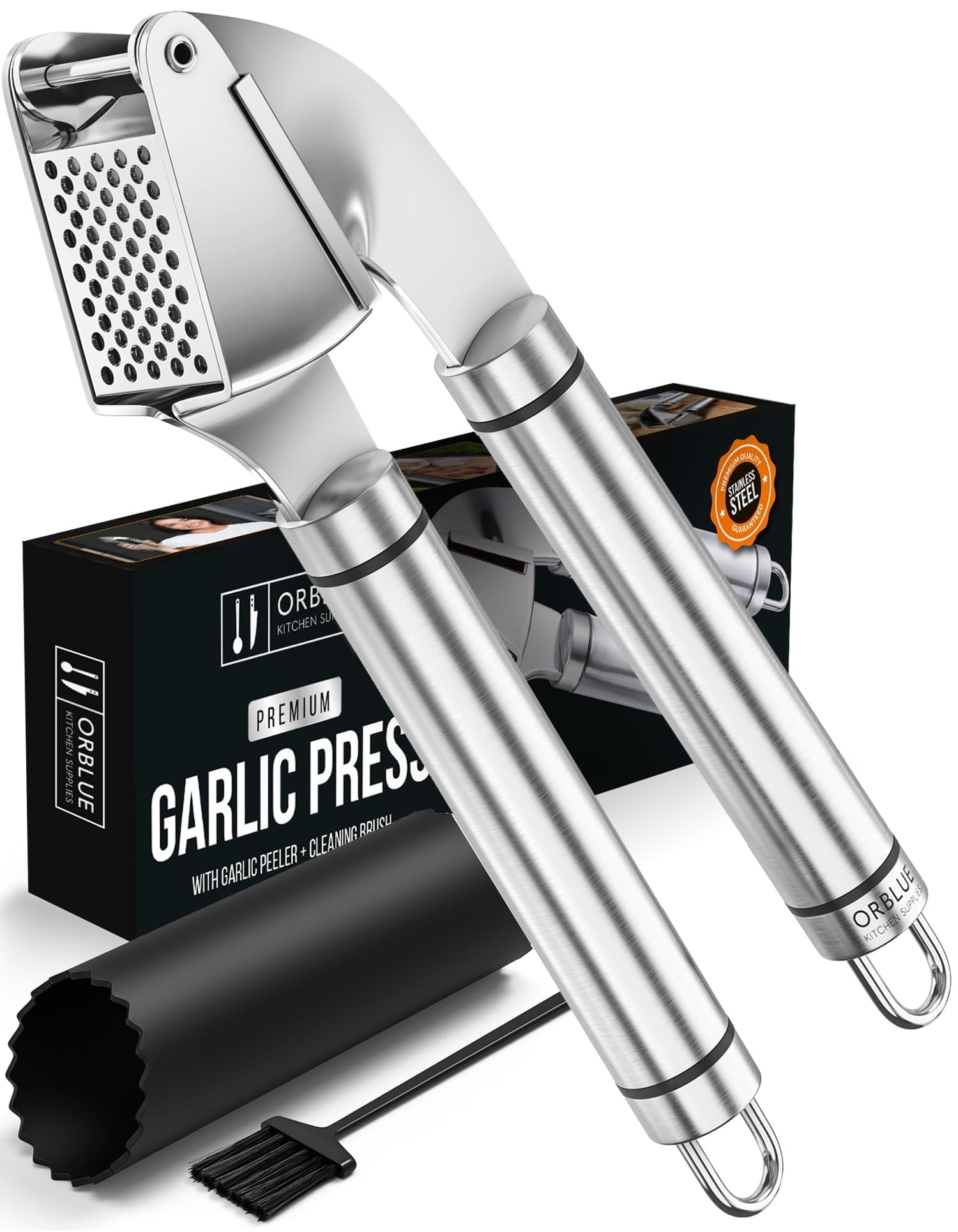 Orblue Garlic Press Stainless Steel - Premium Professional Grade Garlic Mincer, Crusher & Peeler Set - Easy Clean, Dishwasher Sa
