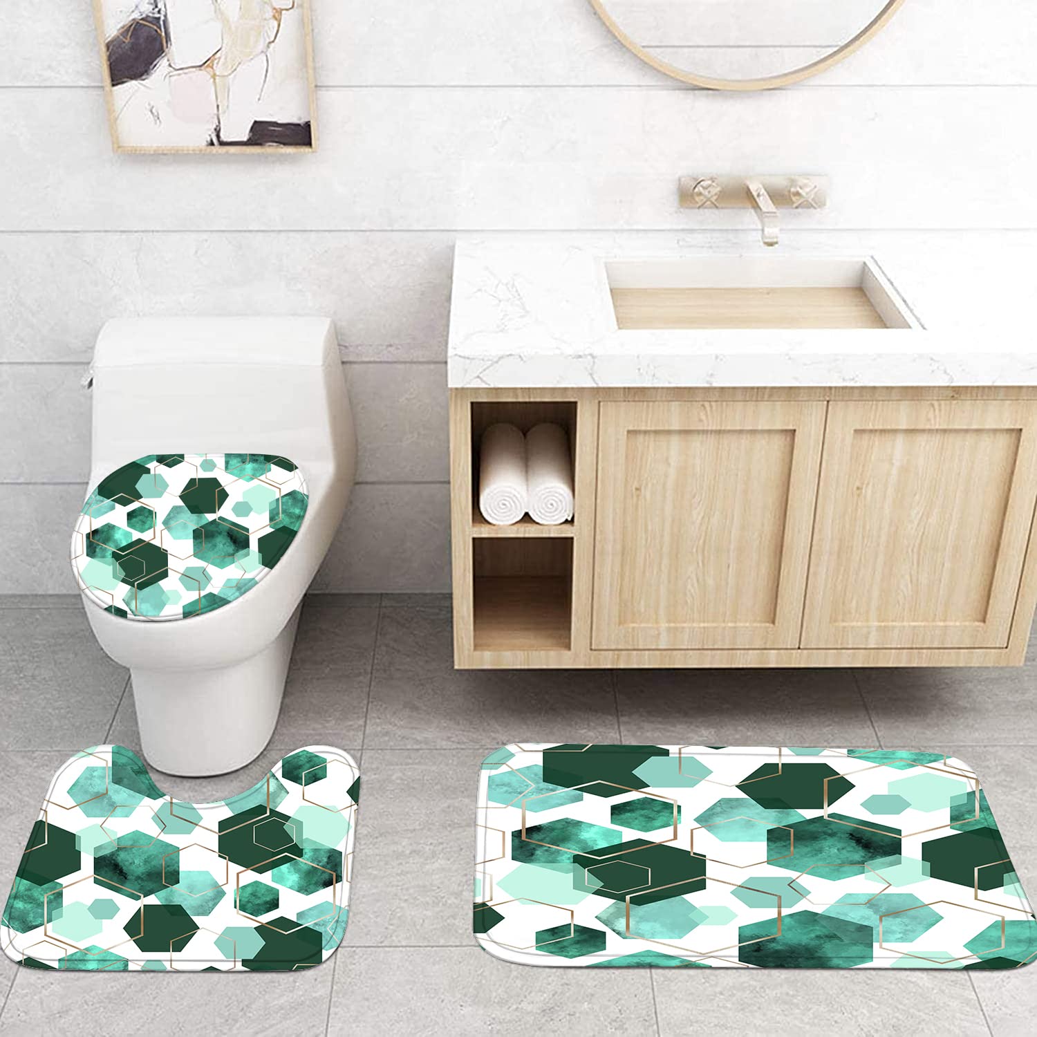 Lqcool 4Pcs Indigo Shower Curtain Set Marble Grain Geometric Bathroom Set Fresh Turquoise Abstract Bathroom Curtain Set With 12