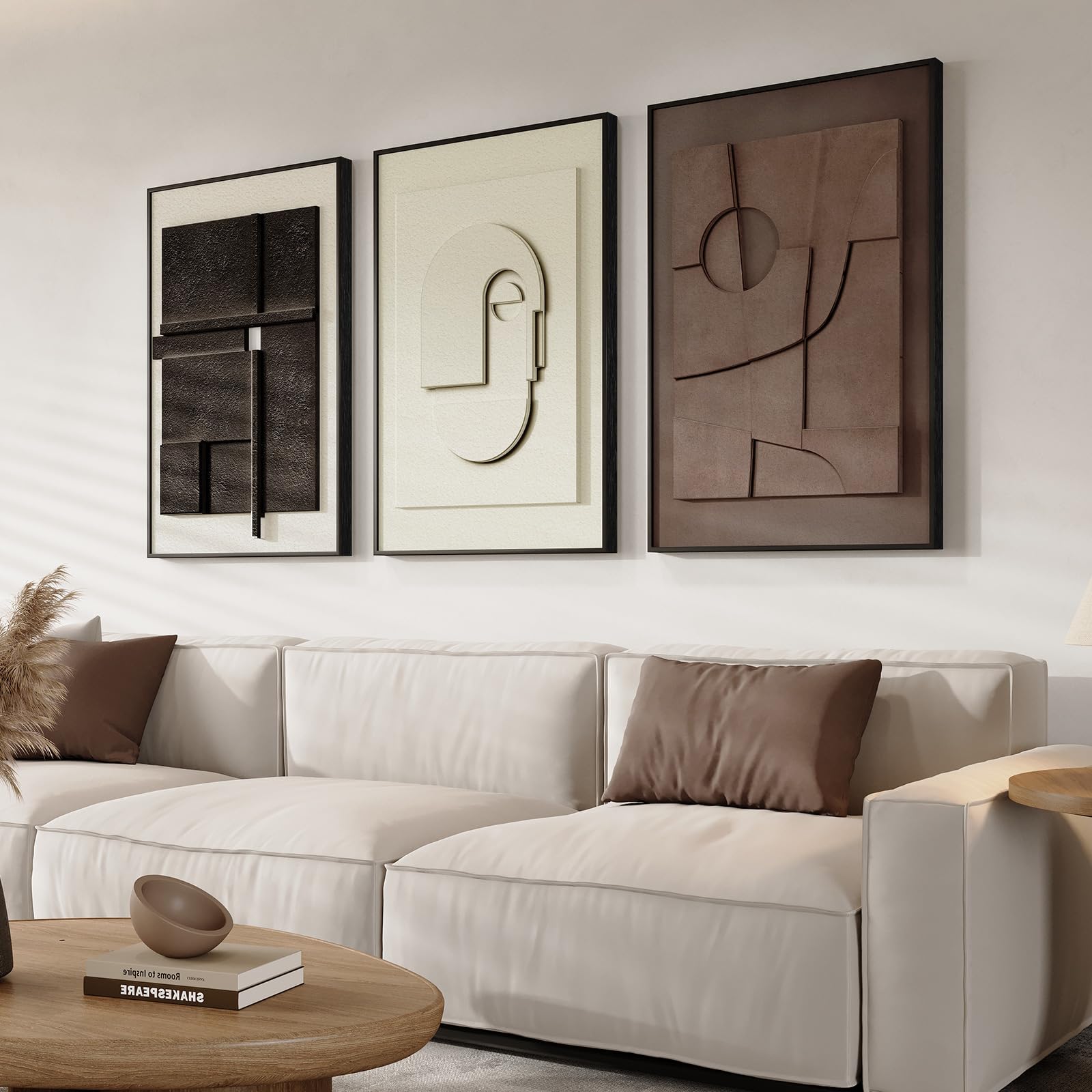 Framed Modern Abstract 3D Textured Wall Art for Living Room, Large 3-Piece Neutral Artwork for Walls, Geometric Brown White Text