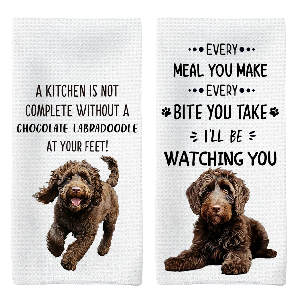 Tzhim Chocolate Labradoodle Kitchen Towels Set of 2, Labradoodle Lovers Gifts, Dog Decorative Hand Towels, Dog Dishcloths Dish T