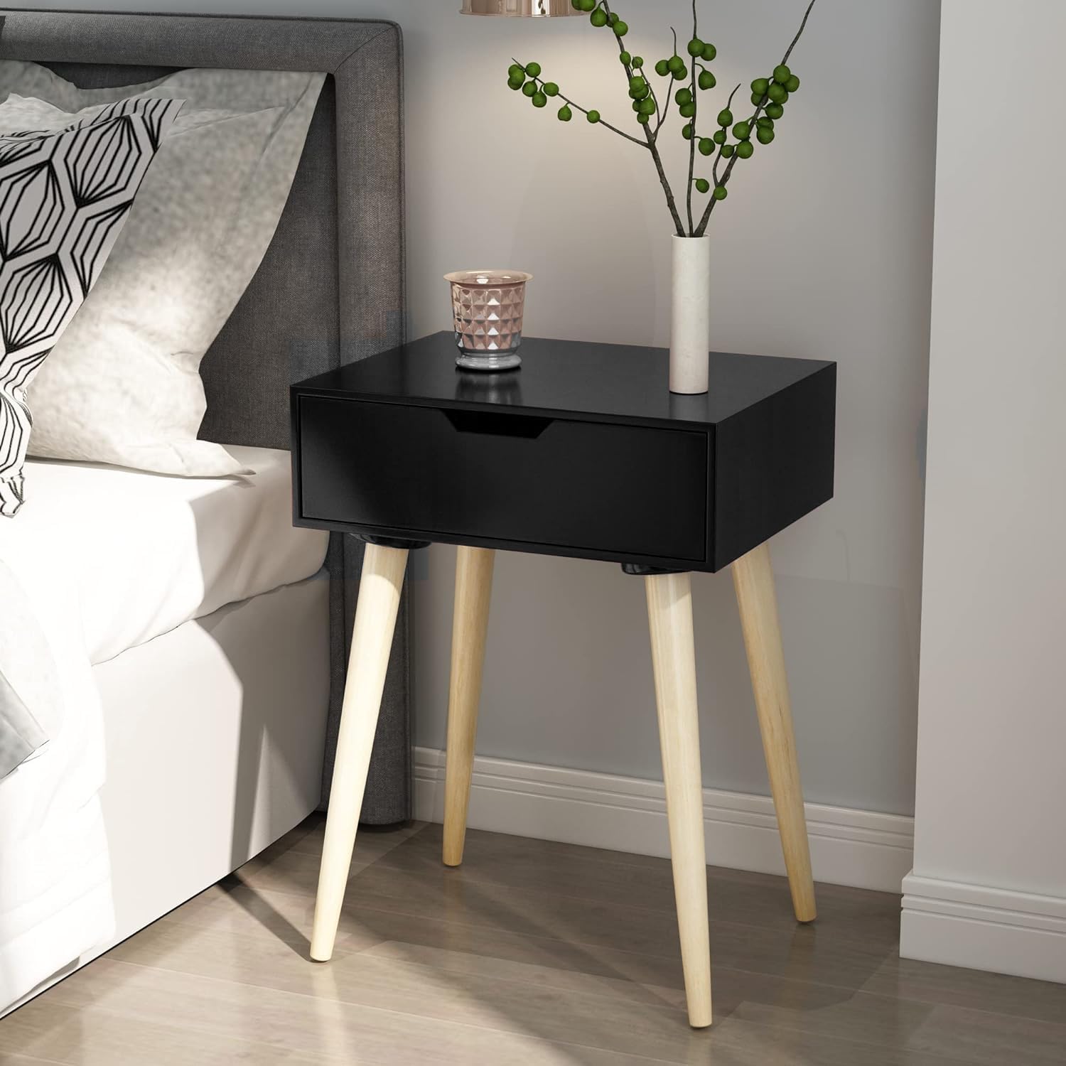 Device Bas With Brown Art Shoppee Nightstands End Side Table With Drawer And Solid Wood Legs, Bedside Table For Bedrooms, MidCe