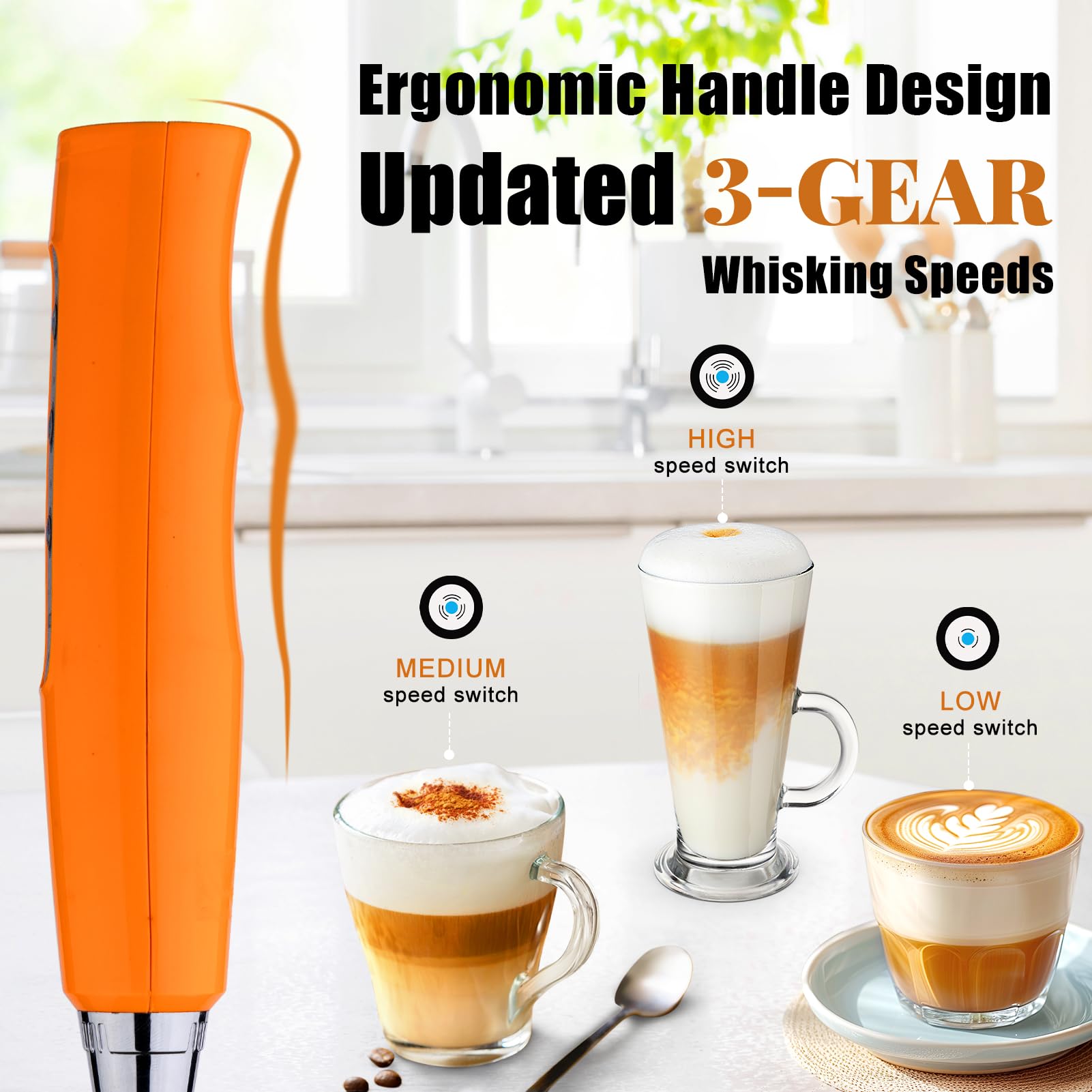 Nahida Orange Milk Frother Wand For Coffee, Frother Handheld Rechargeable Electric Whisk With 3 Heads 3 Speeds Drink Mixer Coffe