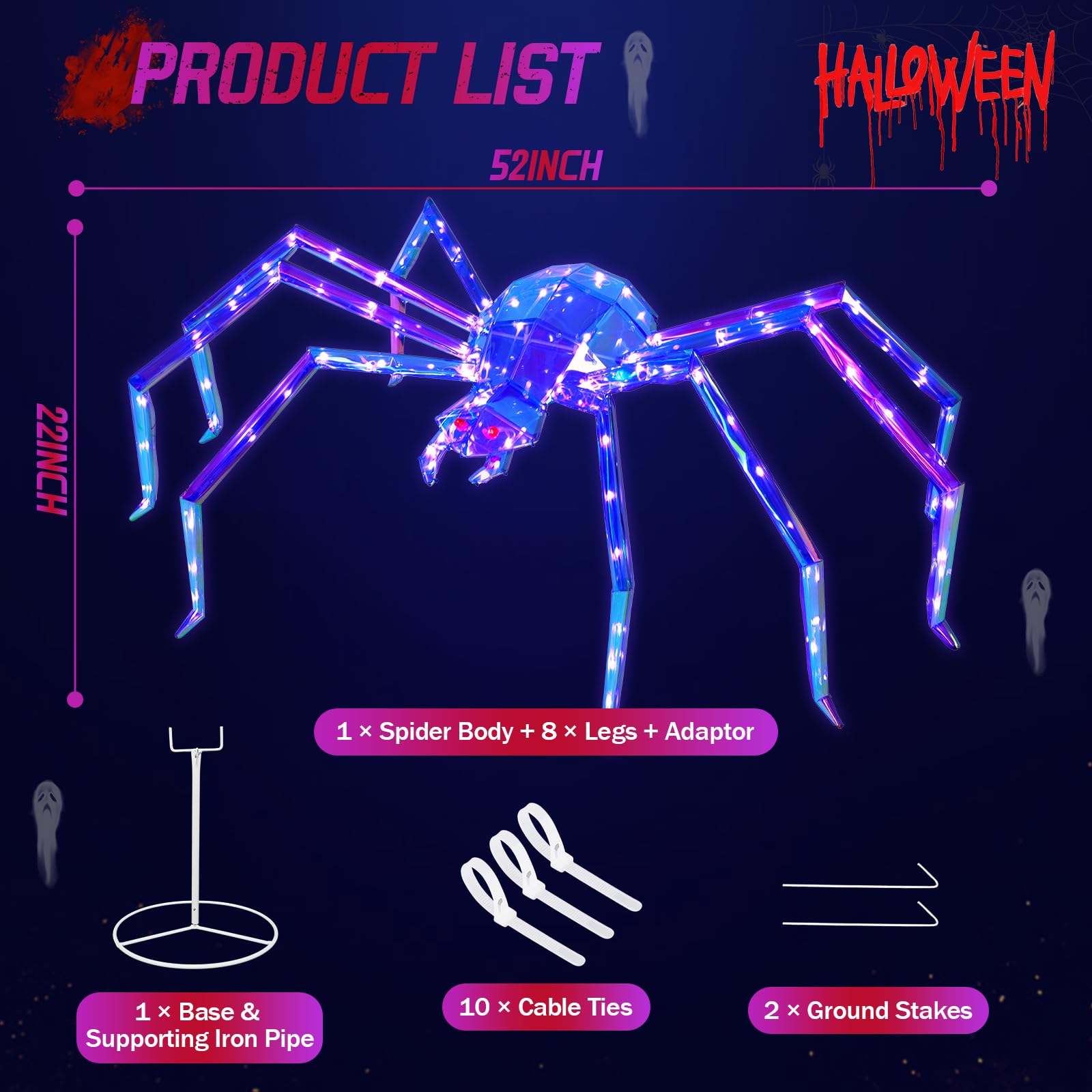 Prismatic Iridescent Giant Spider, 52 Pre-lit Large Outdoor Scary Prismatic Spider Decorations for Halloween 140 LED Light Up Gi