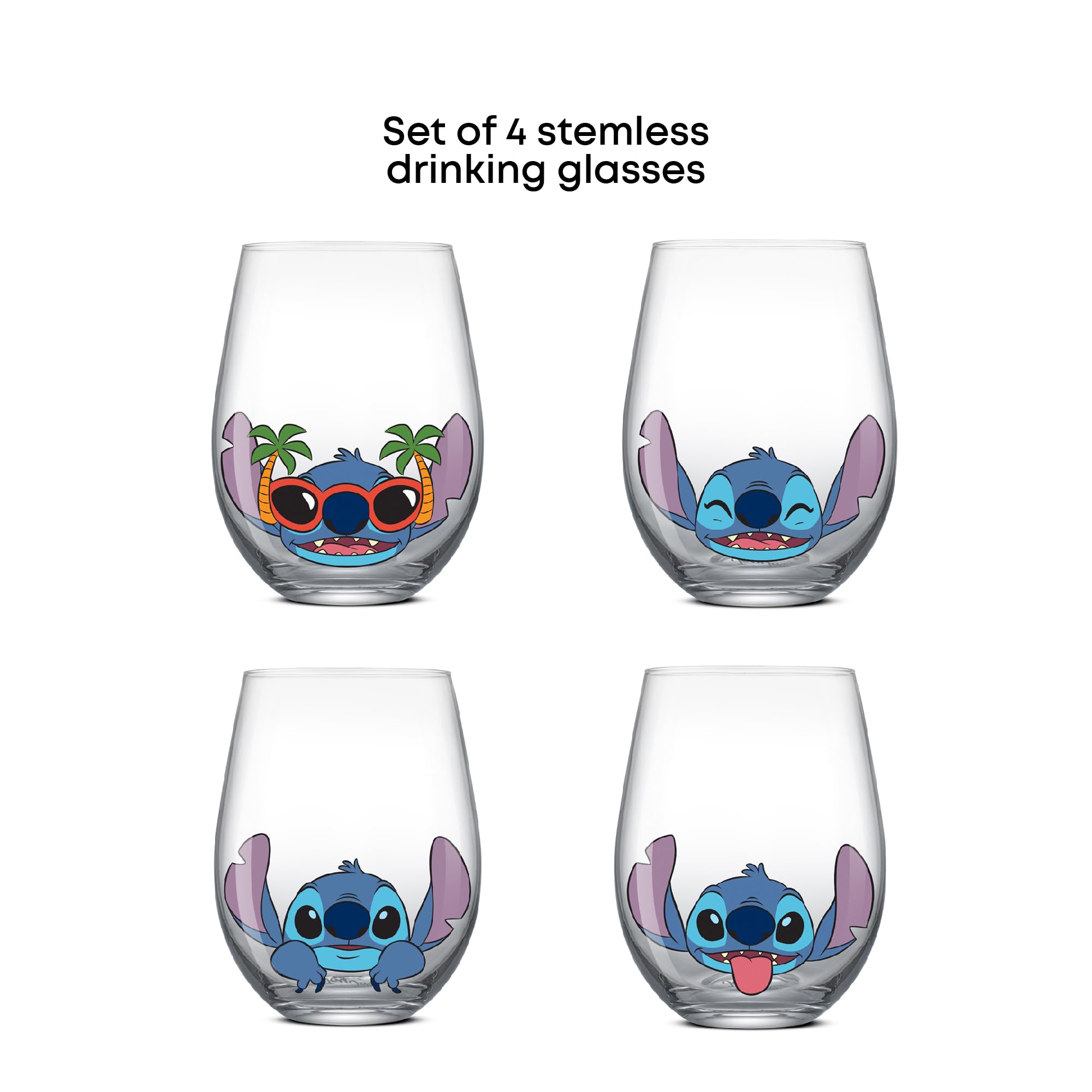 JoyJolt Disney Stitch Silly Sips Stemless Drinking Glasses, 19oz Teardrop Glass Cups, Glass Tumbler Cup Set of 4, Stitch Stuff,
