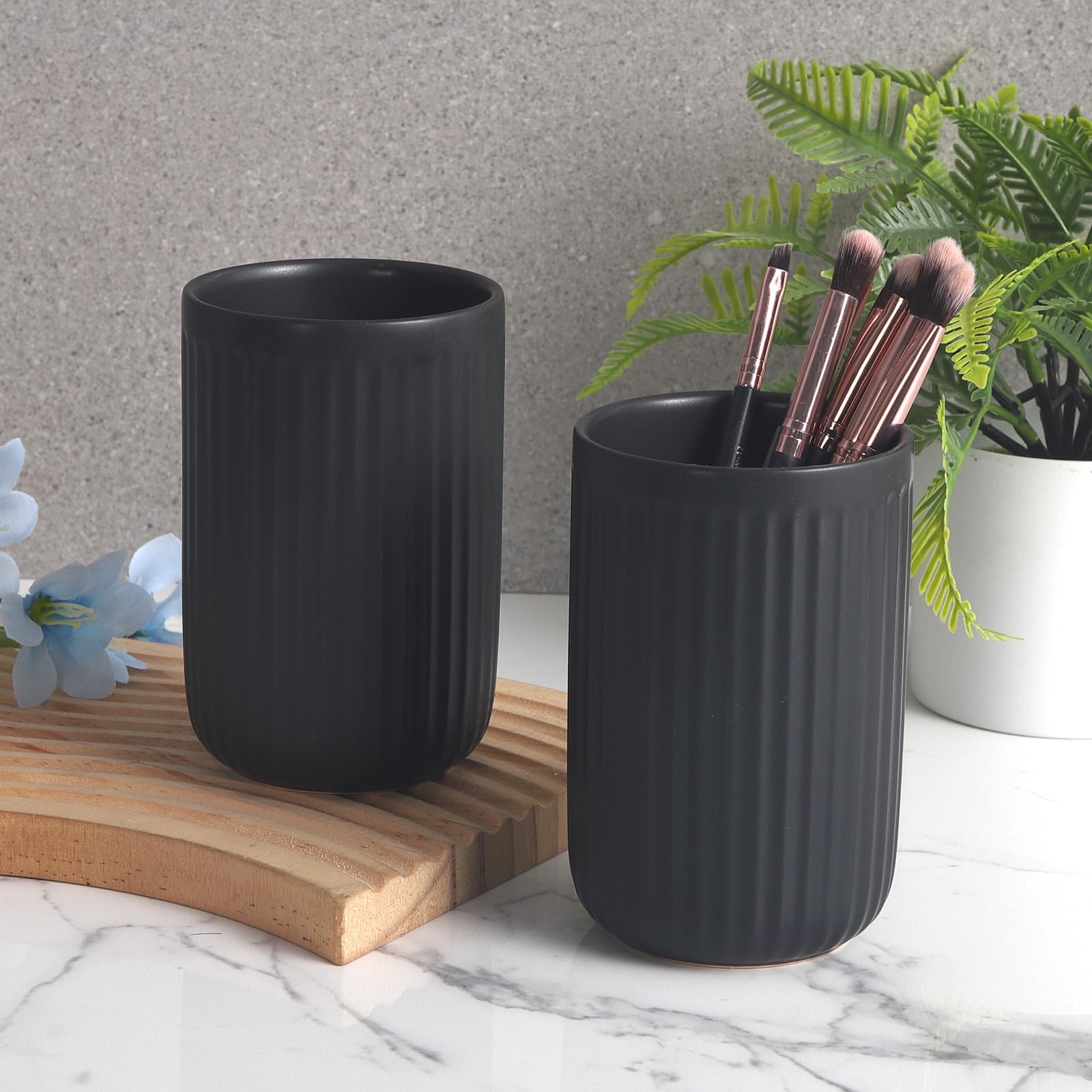 Matte Black Toothbrush Holders For Bathrooms - Black Ceramic Bathroom Tumbler Cups Reusable Toothbrush Cup Black Mouthwash Cup,