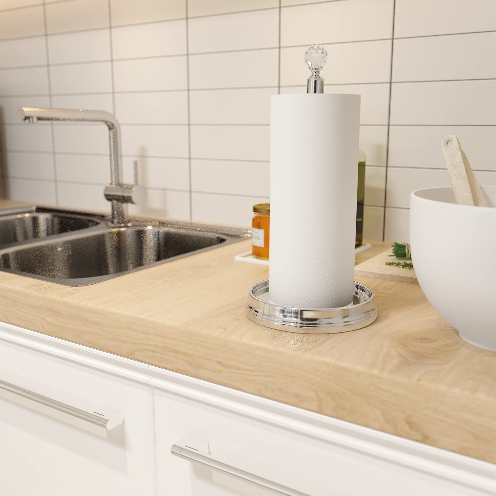 Kasunto Paper Towel Holder (With Crystal Ball) Steel Paper Towel Holder Countertop,Paper Towel Holder Stand For Kitchen Countert