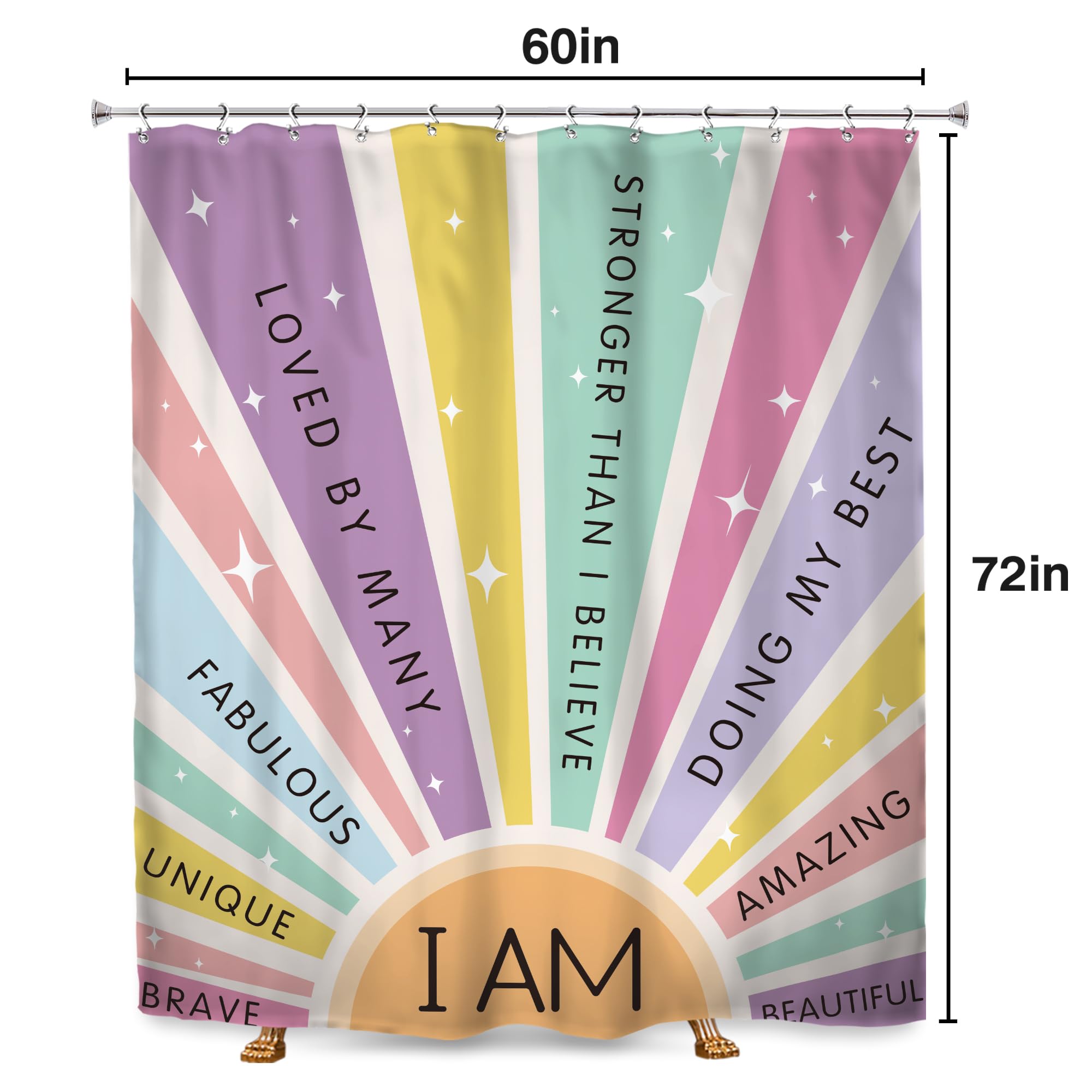 Svbright Kids Girls Shower Curtain 60Wx72L Inch Rainbow Quotes Inspirational Boho Sun Colorful Retro 70S Cute Words Motivational