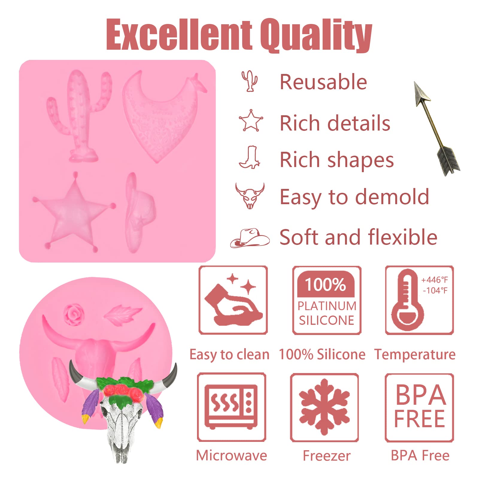 Bull Head Chocolate Fondant Mold 6 Pcs, Cactus Silicone Molds Feather Arrow Boot Star Horseshoe Hoof Mold For Cake Decoration Ca