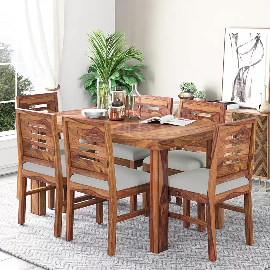 Anubhav Handicrafts Sheesham Wood 6 Seater Dining Table With Cushion Chair For Living Room Home Wooden Dining Room Furniture (Te