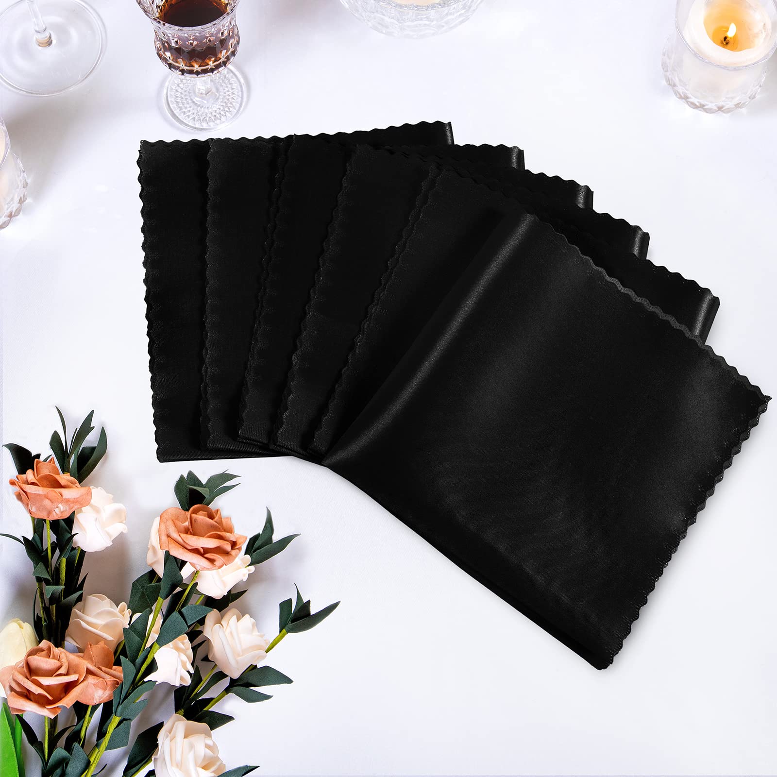 Manyshofu 6 Pieces Black Satin Scalloped Napkins - 18X18 Inches Cloth Satin Napkins, Square Satin Fabric Napkin Set - Smooth & R
