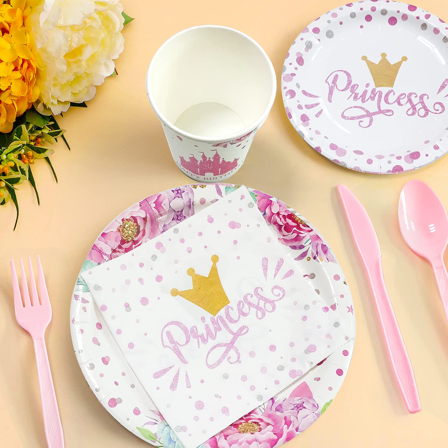 Naiwoxi Princess Birthday Party Supplies - Princess Party Decorations Tableware Set Include Plates, Napkins, Cups, Cutlery, Tabl