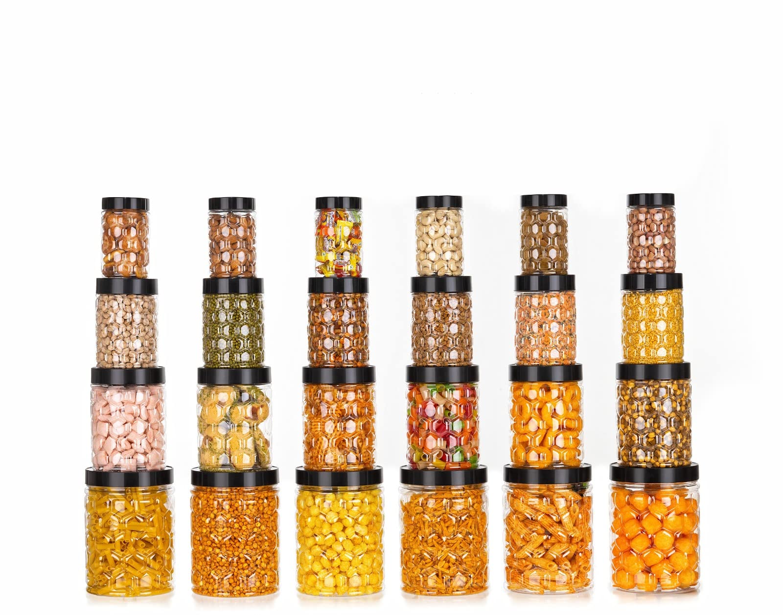 Tosaa Plastic Pet Storage Jar Set, 24 Pieces (6 X 120Ml, 6 X 350Ml, 6 X 650Ml, 6 X 1.2L) Black | Airtight Containers | Bpa Free 