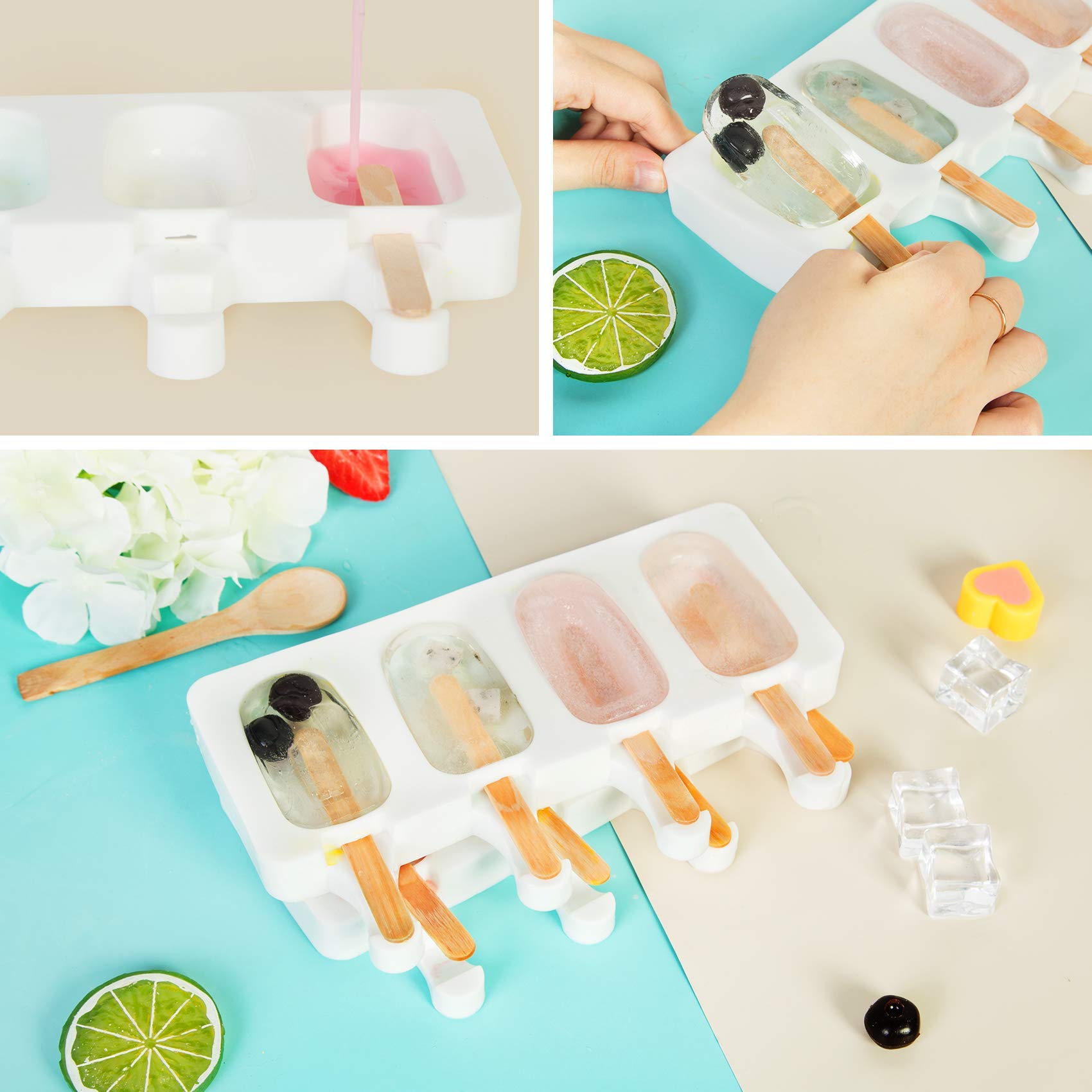 Popsicle Molds Set Of 3, 12 Cavities Silicone Popsicle Molds & Ice Cake Pop Mold Maker Oval With 50 Wooden Sticks & 50 Self-Adhe