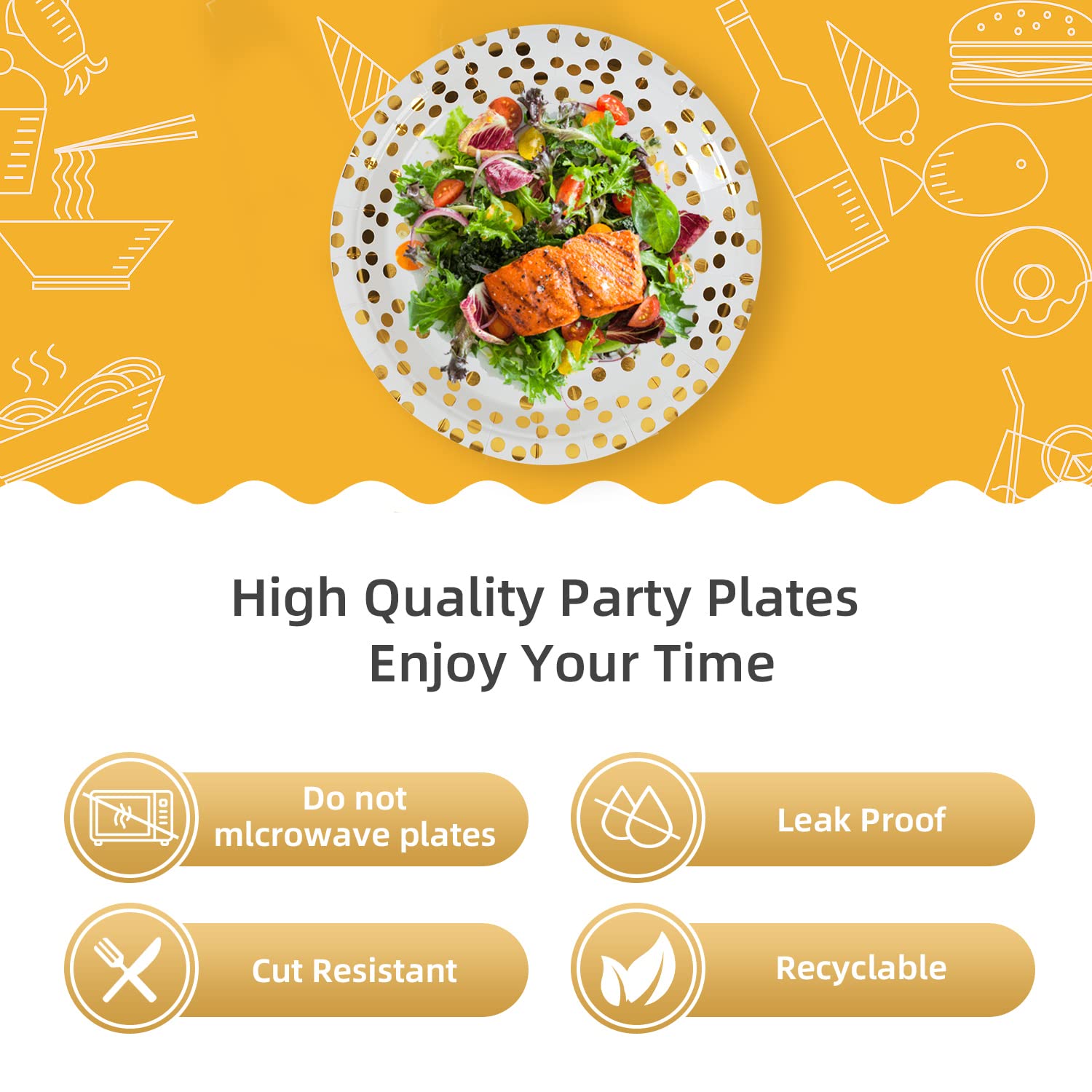 Cenlbj White And Gold Paper Plates,7Inch Gold Dot Dessert Plates,Disposable Party Supplies Suitable For Weddings,Birthdays,Brida