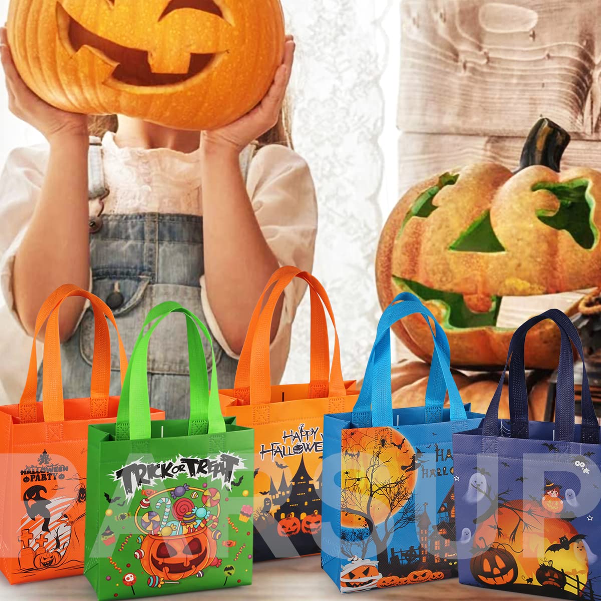 Parsup Halloween Trick Or Treat Bags, 16Pcs Small Halloween Tote Bags With Handles, Gift Bags, Multifunctional Non-Woven Hallowe