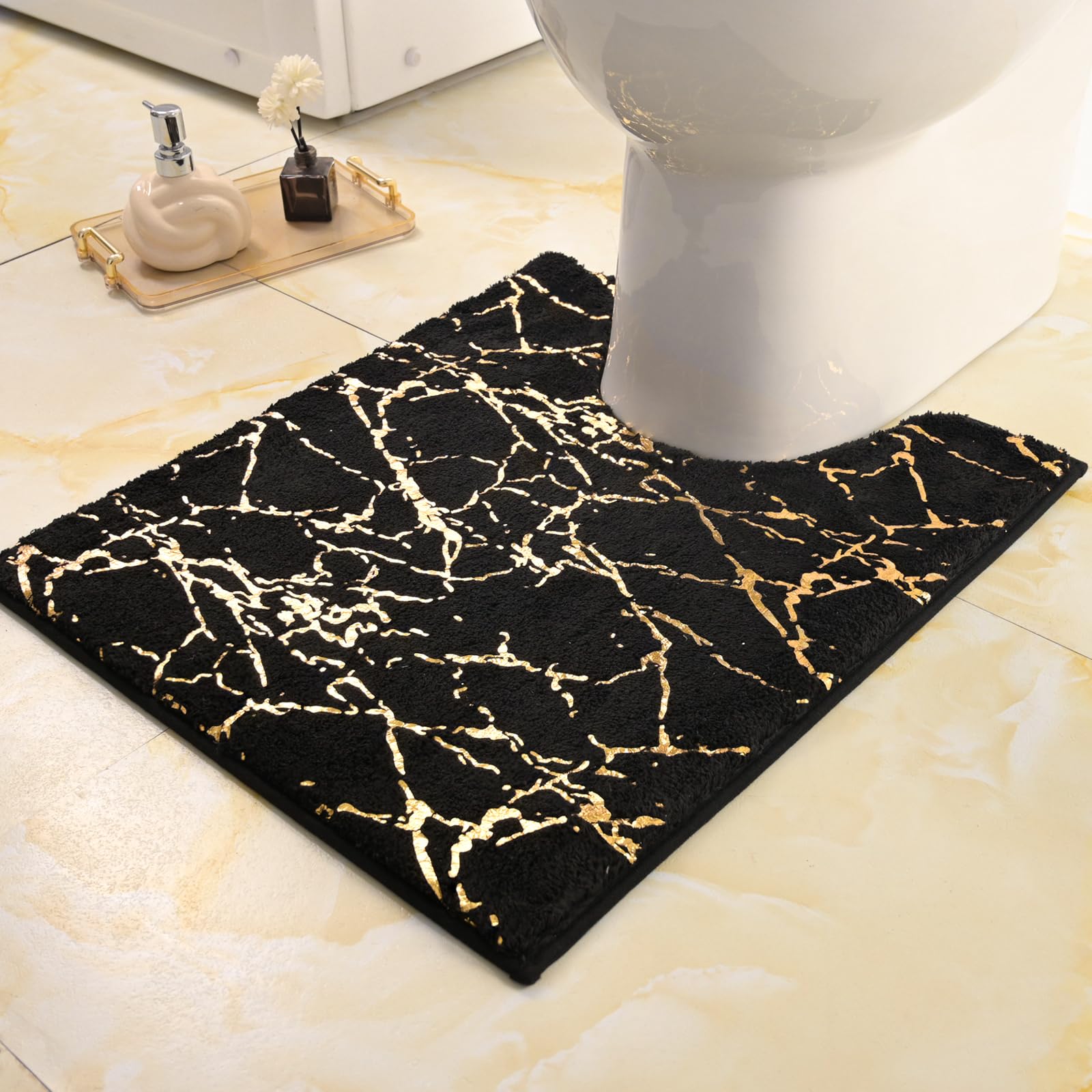 Qjhomo Toilet Rugs U Shaped Black And Gold Bathroom Rugs, Gold Decor Toilet Mat Contour Bath Rug Marble Bathroom Accessories, Ex