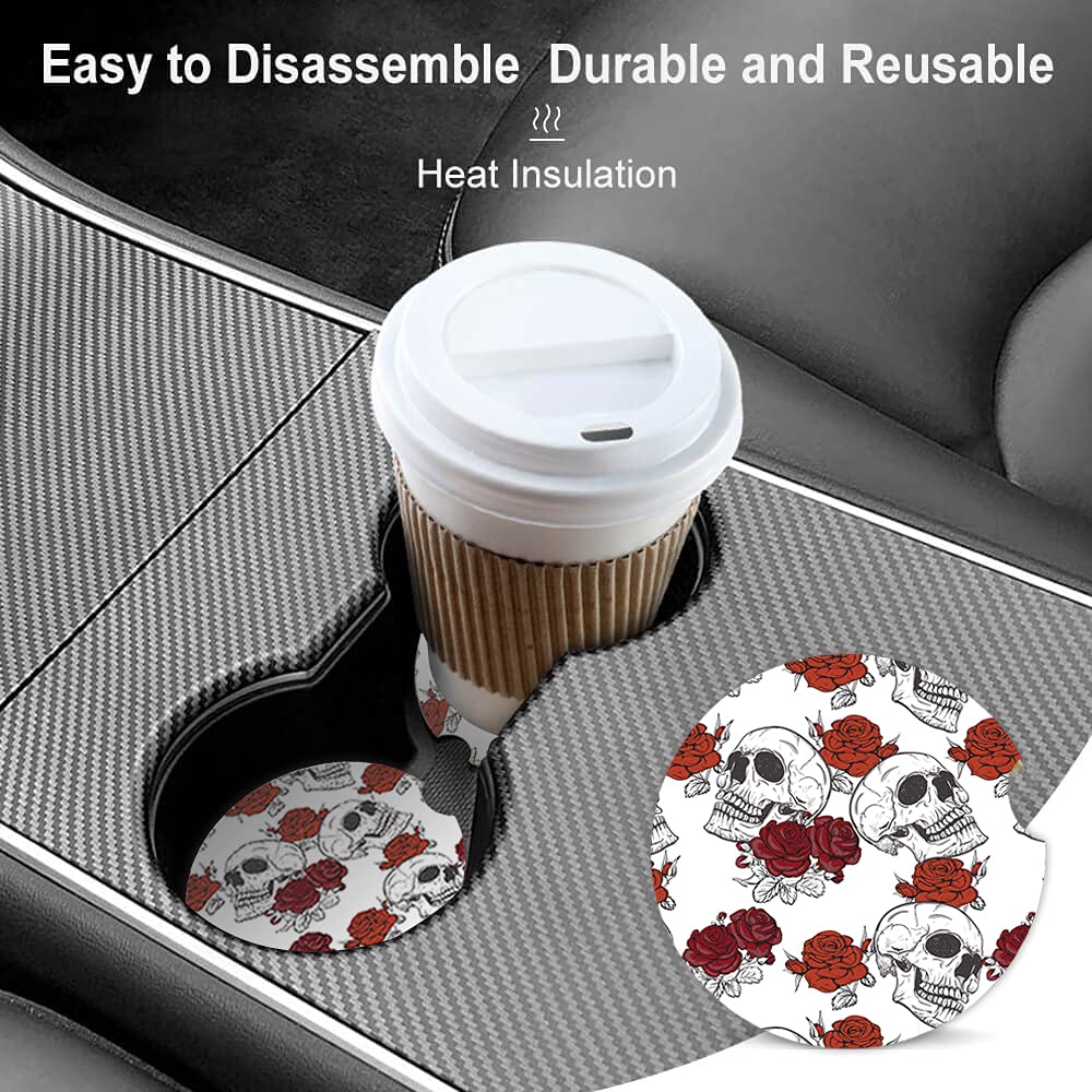 Cool Skull Rose Flowers Dog paw Absorbent Cup Holders Car Coasters Ceramic Stone Drinks Coaster Set for Women Man 2.56''(2 Pack)
