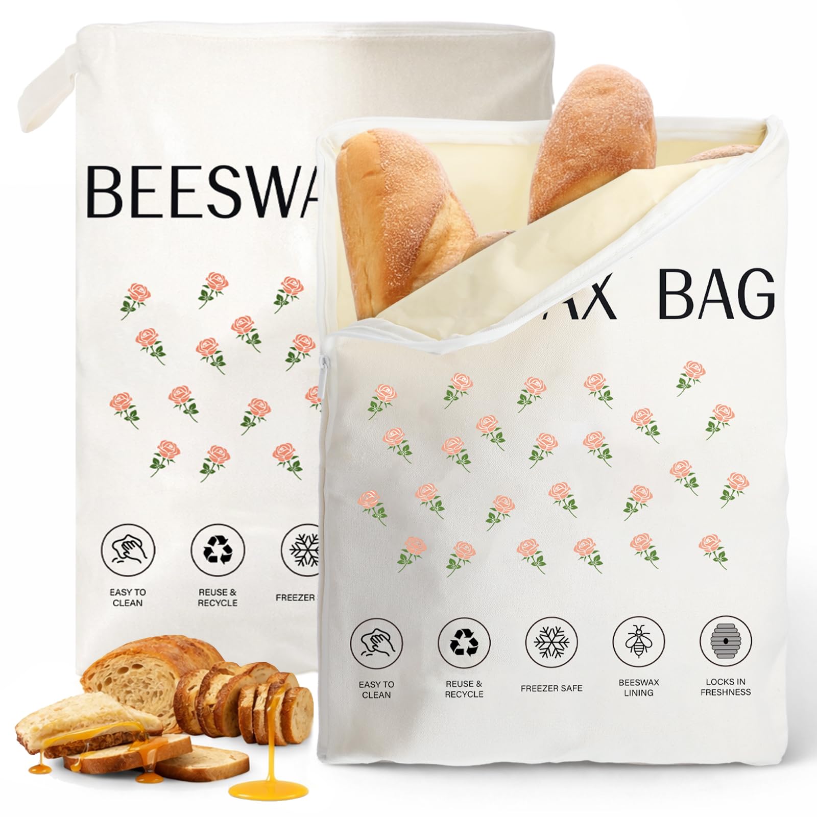 Hsei 2 Pcs Wide Zipper Access Beeswax Bread Bags for Homemade Bread Reusable Beeswax Lining Bags for Sourdough 13 x 17 Cotton 